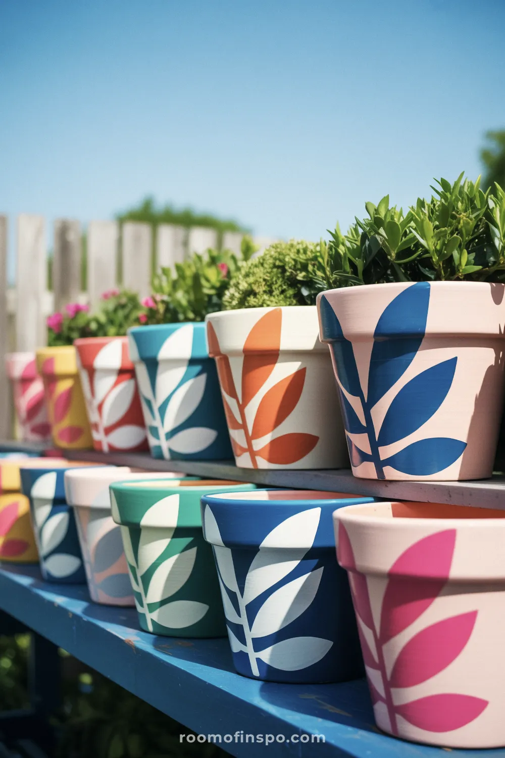 Row of colorful pots with bold leaf motifs on a blue ledge in outdoor sunlight.