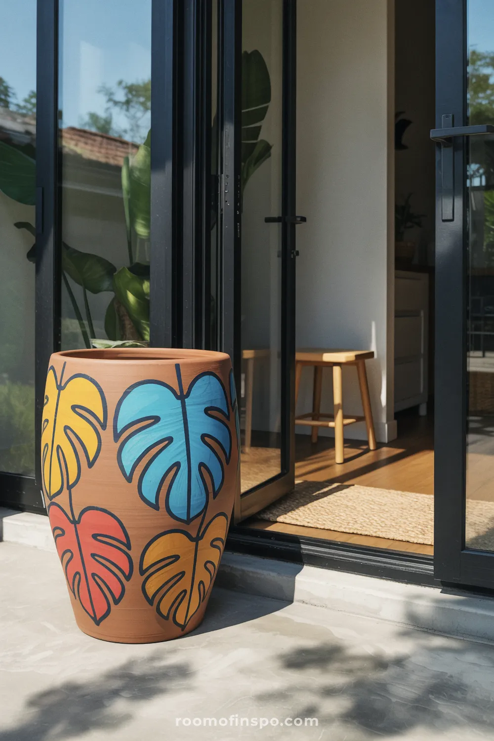 Large planter with bright monstera leaf design beside a black-framed glass door on a concrete floor.