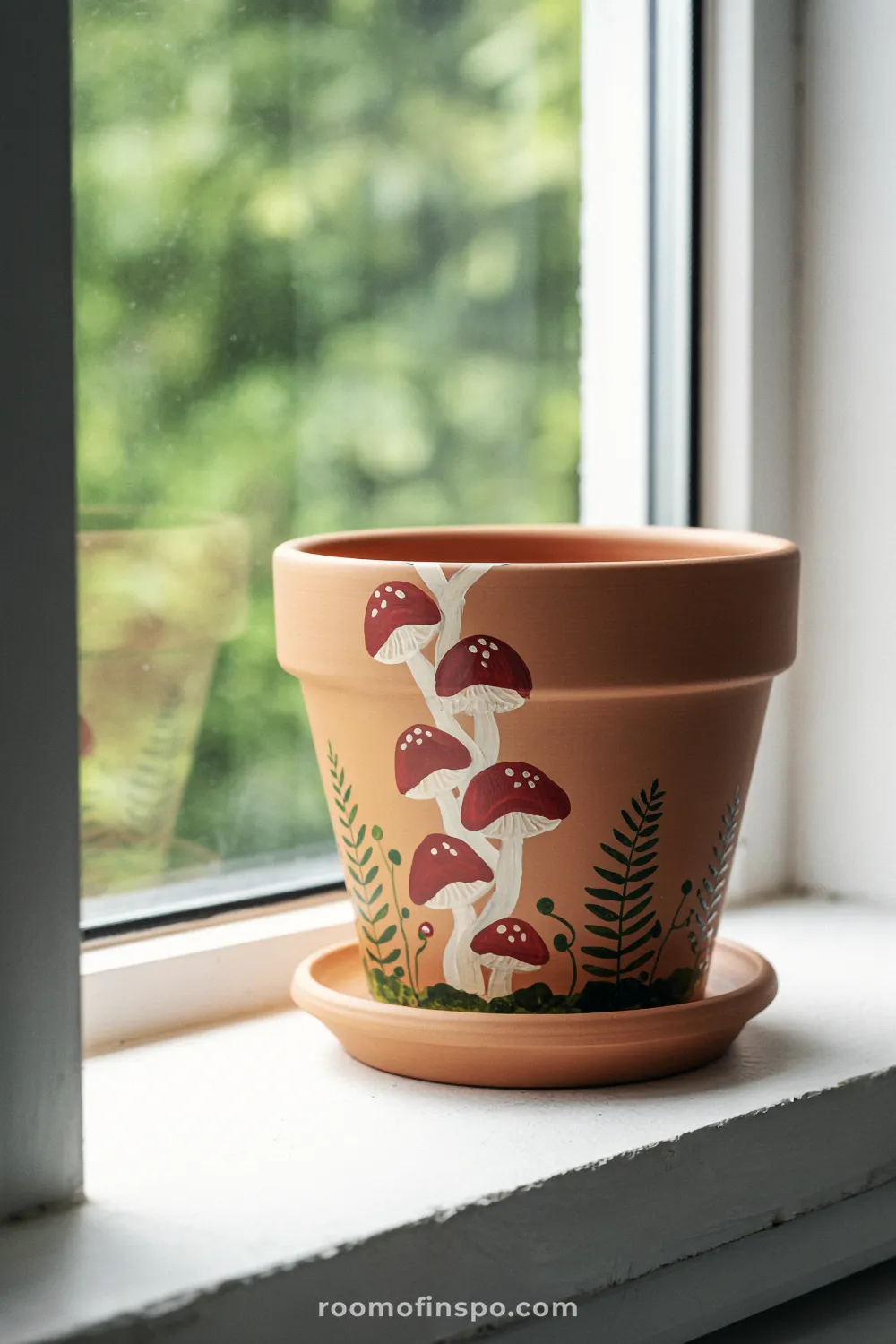 Terracotta pot on a windowsill painted with red-capped mushrooms, white spots, and small green fern details.