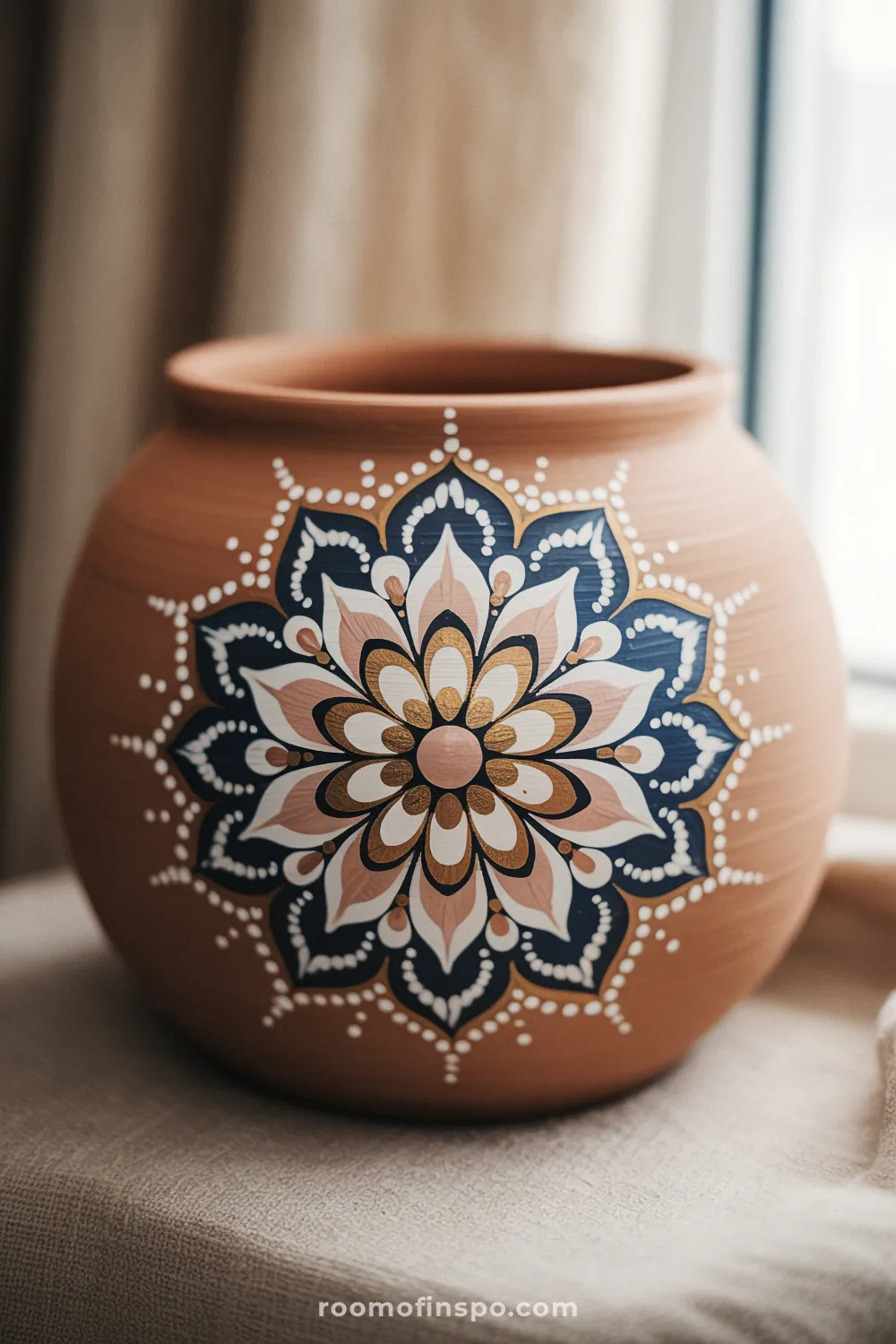 Terracotta pot with a detailed indigo mandala flower design in white, blush, and soft gold accents.