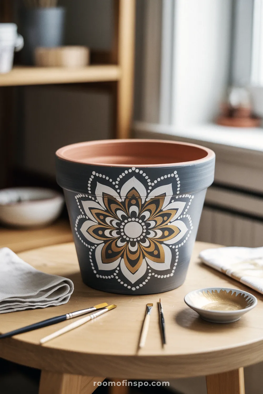 Mandala-painted terracotta pot in progress on a wooden table with paint tools and soft daylight.