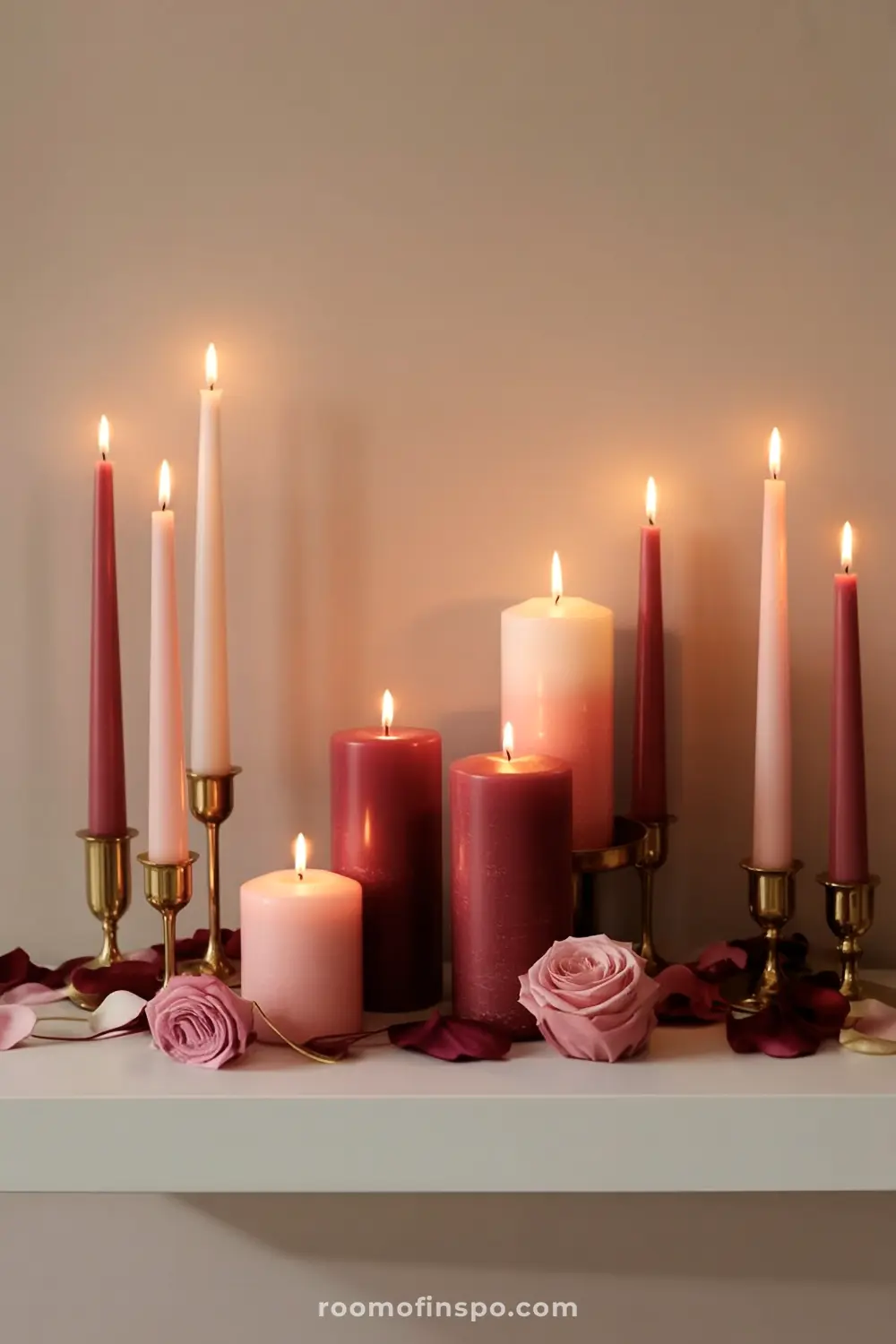 Romantic pink and red candles of various heights glow warmly, surrounded by rose petals and blooms, perfect for a cozy bedroom ambiance of romance.