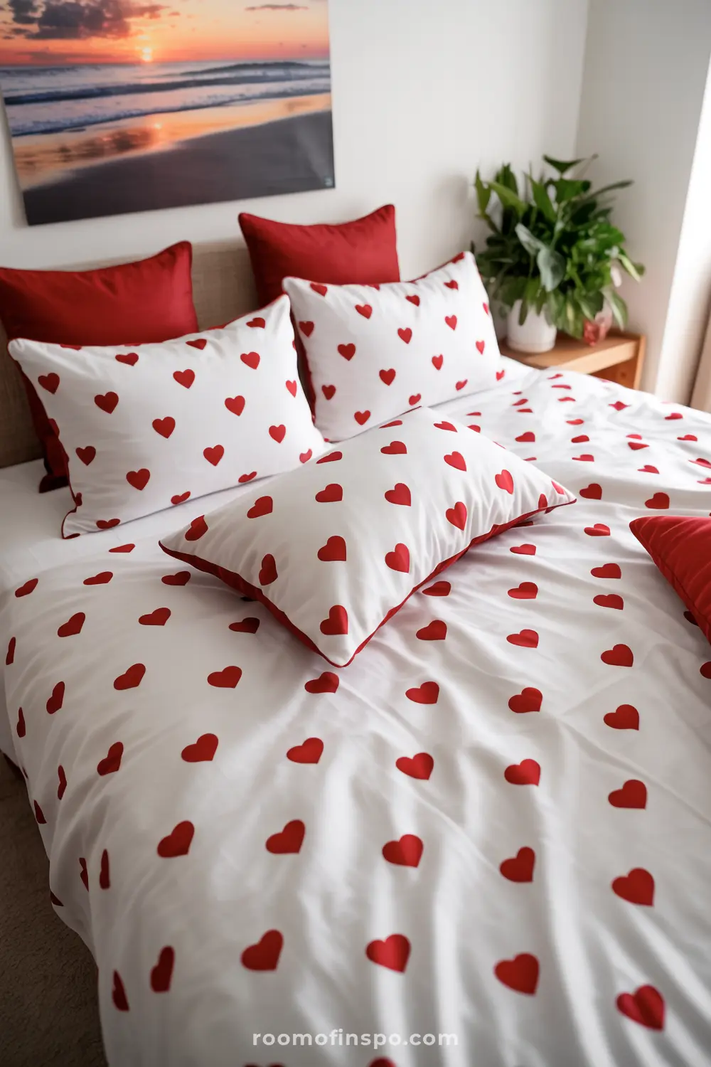 A bedroom features romantic white bedding adorned with many small red hearts, perfect for a cozy and loving ambiance of romance.