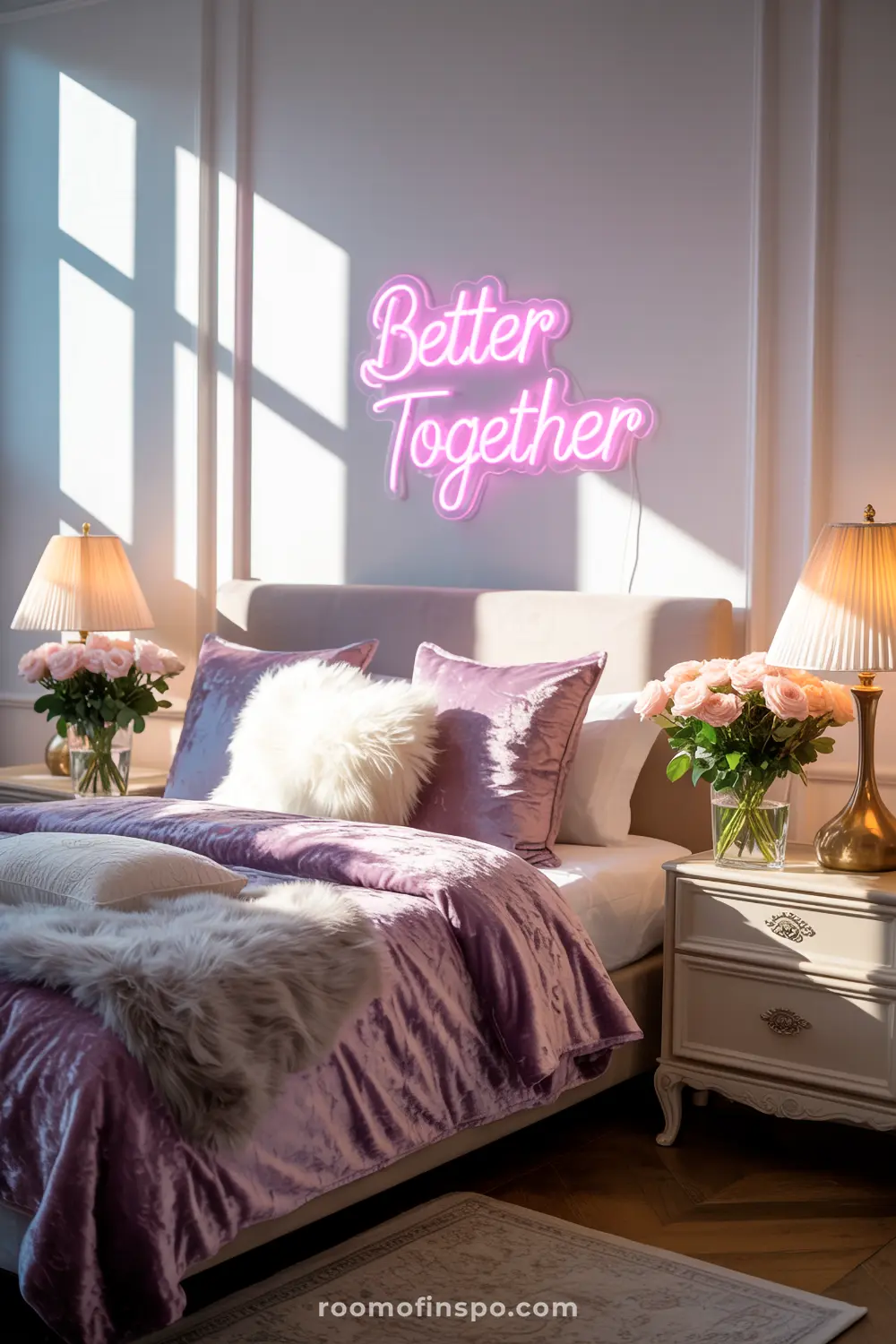 A glamorous and romantic bedroom features a "Better Together" neon sign, lavender velvet bedding, and fresh pink roses, creating an aura of romance.