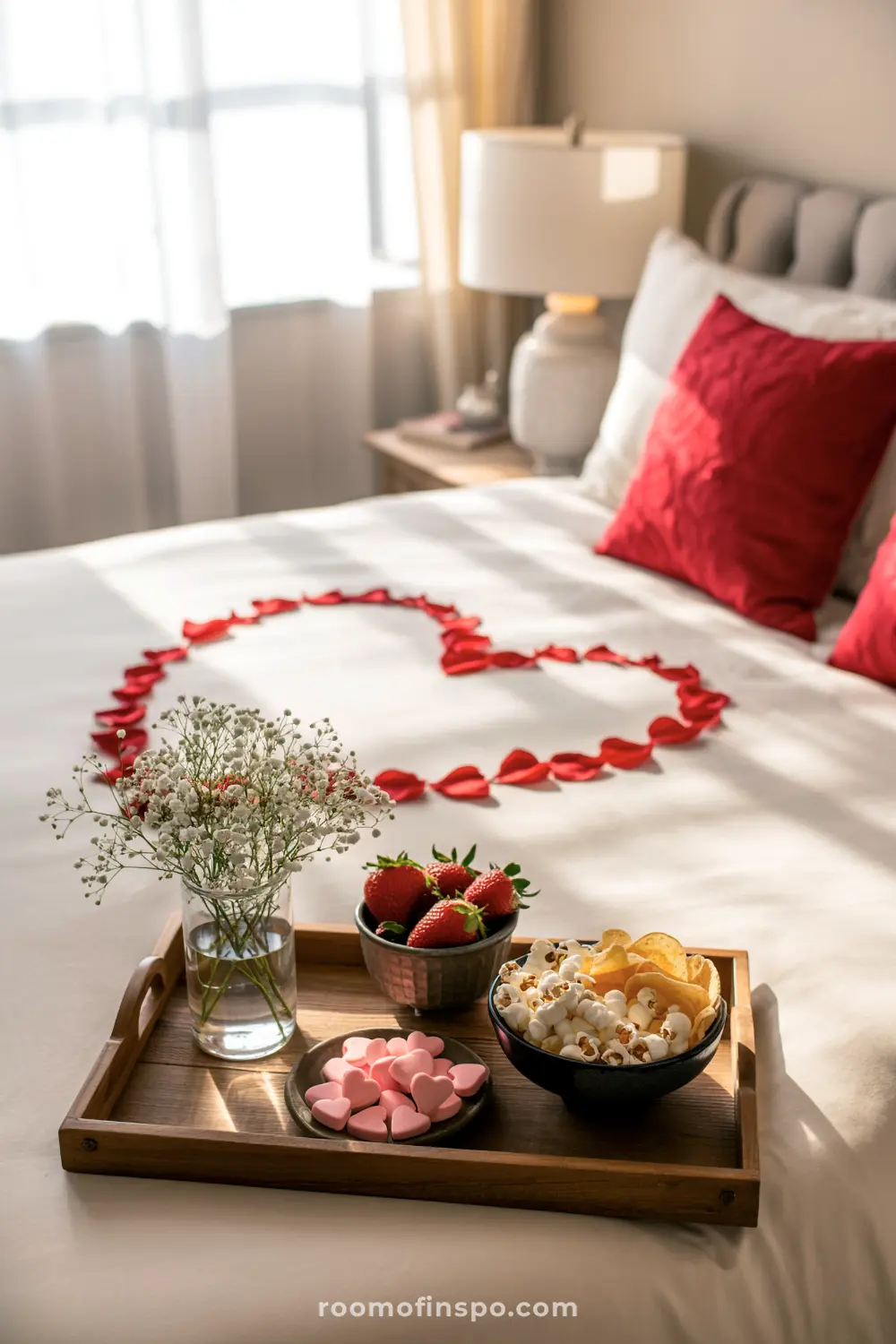 A romantic bedroom with red rose petals forming a heart on the bed, a tray of treats, and flowers for a special moment of romance.