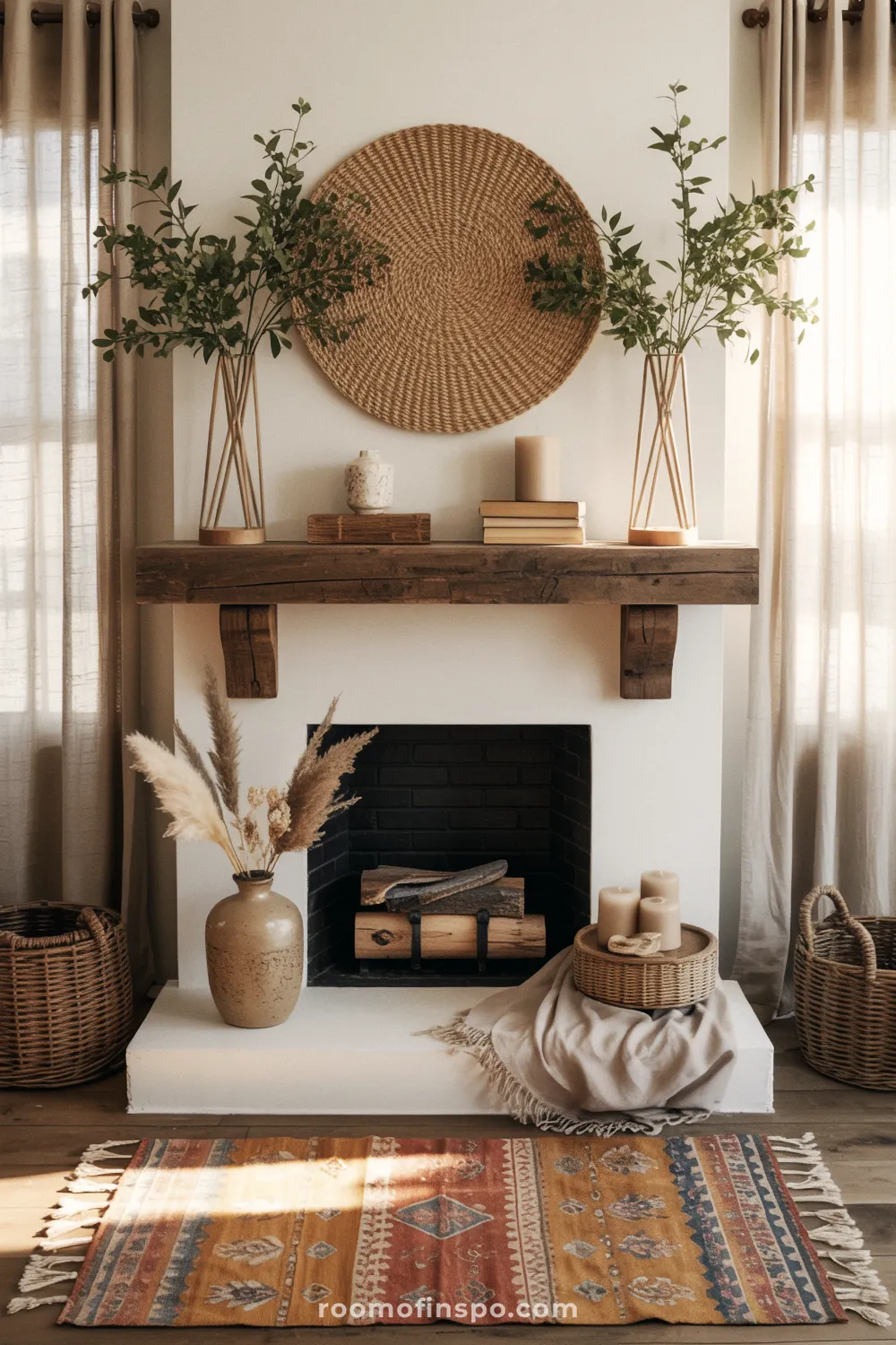 Rustic white fireplace with a chunky wood beam mantel decorated with greenery in tall vases, books, and a woven circular wall hanging.