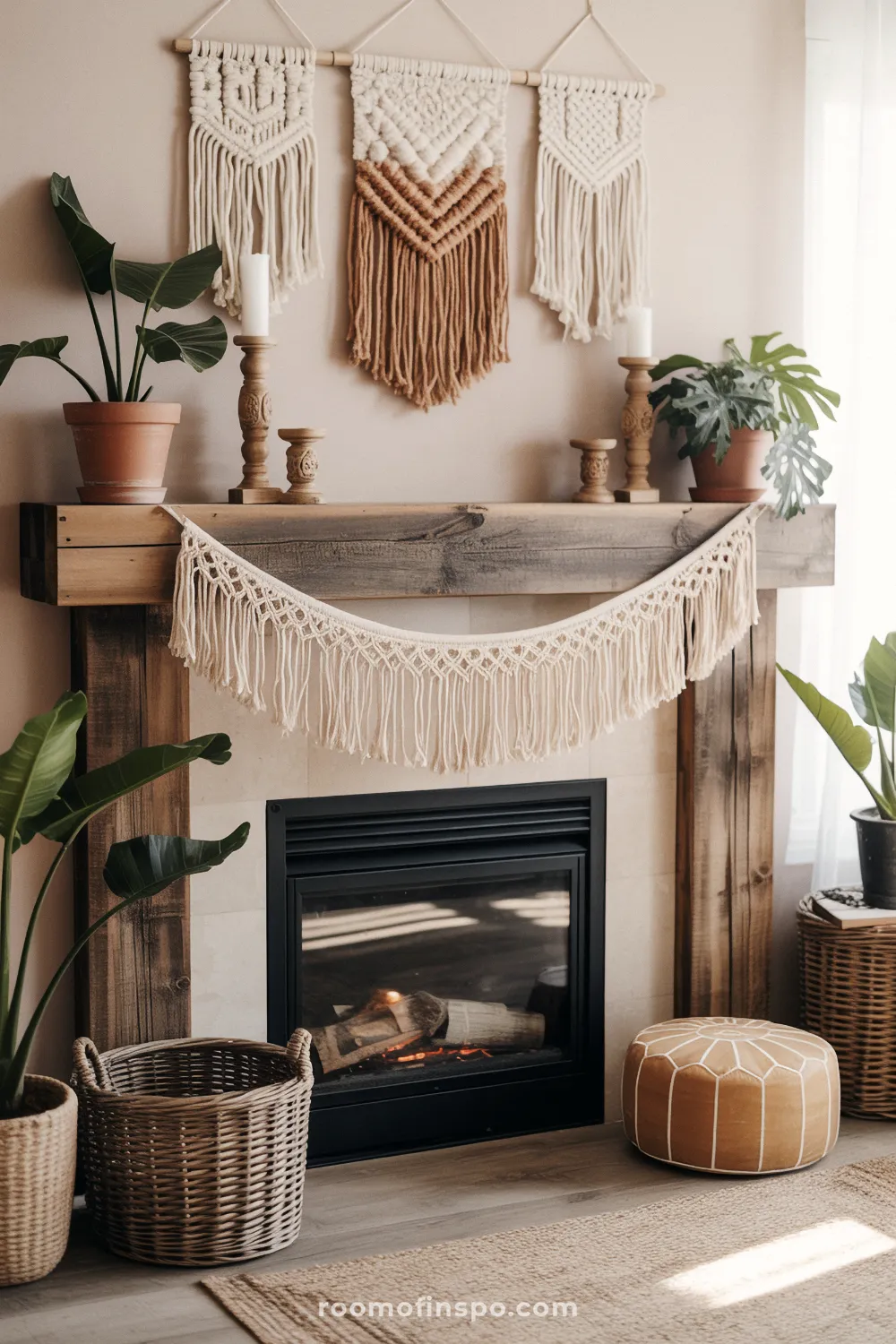 Rustic wooden beam mantel over a black fireplace, featuring three macrame wall hangings, wooden candlesticks, and potted plants.