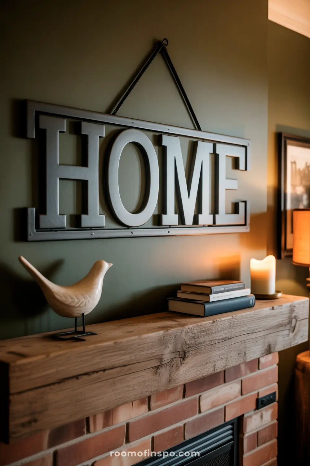A cozy, rustic brick fireplace features a wooden mantelpiece displaying a decorative bird, stacked books, and a lit candle beneath a "HOME" sign.