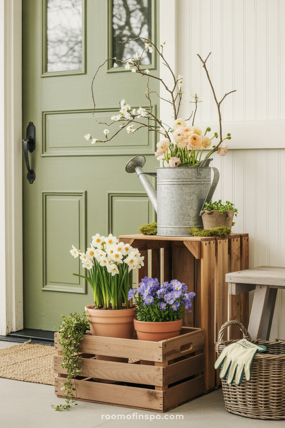 Porch vignette with stacked cedar crates, terracotta pots of daffodils and pansies, and a galvanized watering can.