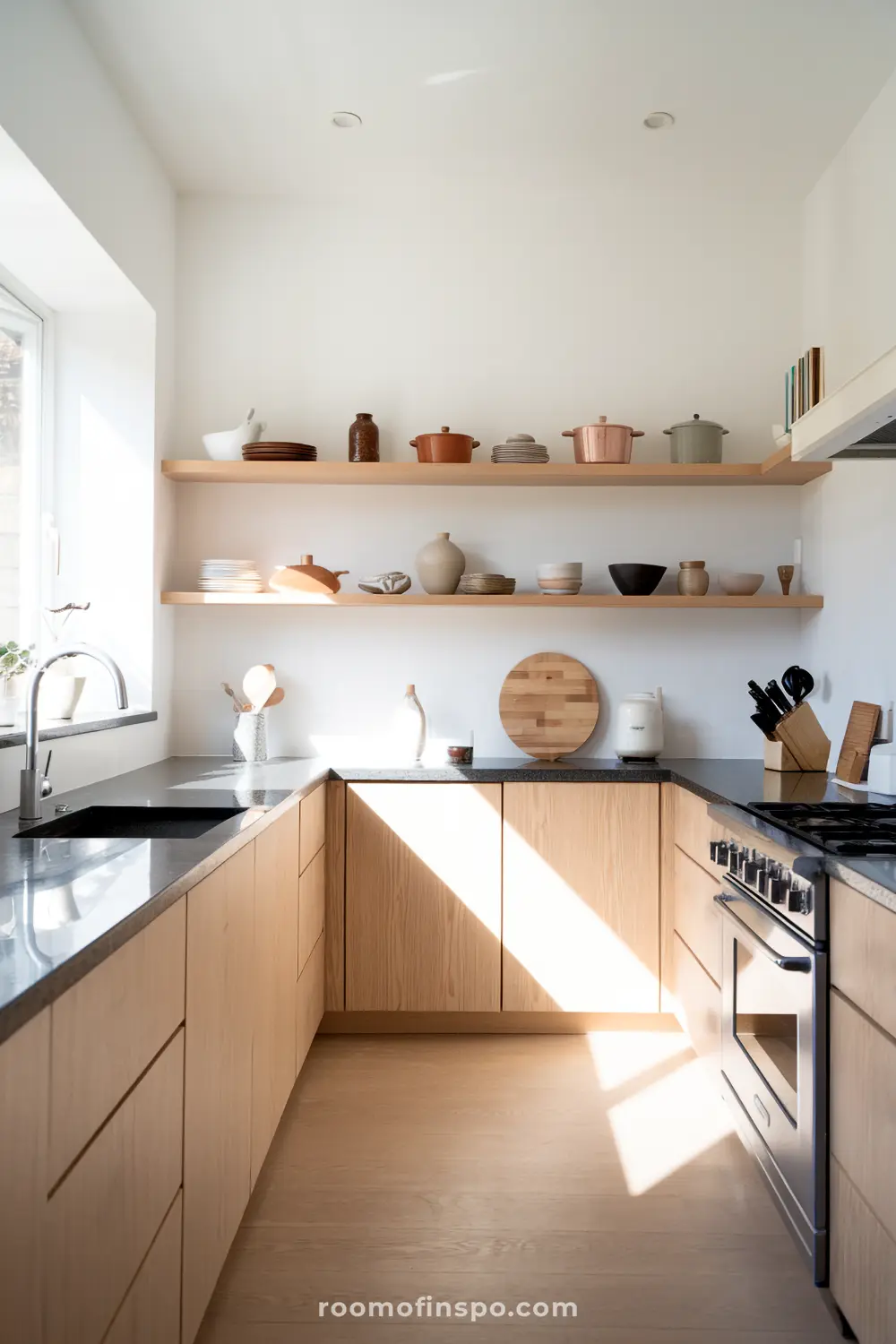 A modern Scandinavian kitchen with light wood cabinets, black countertops, open wooden shelves displaying various ceramic and metal kitchenware, a large window allowing natural light, and a stainless steel oven, with the text "roomofinspo.com" at the bottom.