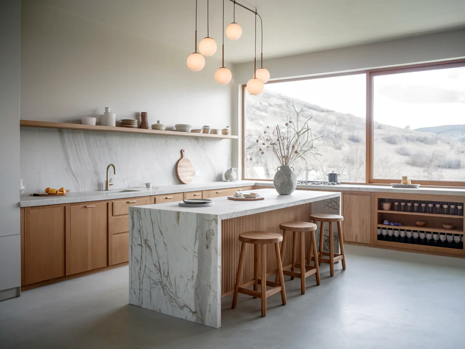 A modern Scandinavian kitchen with a large marble island, wooden stools, minimalist decor, and a unique hanging light fixture with six spherical bulbs.