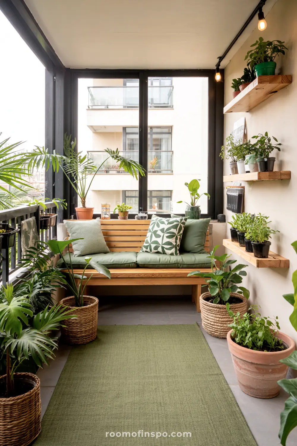 A small balcony featuring cozy seating with green cushions and decorative pillows, surrounded by plants in pots and on wooden shelves.