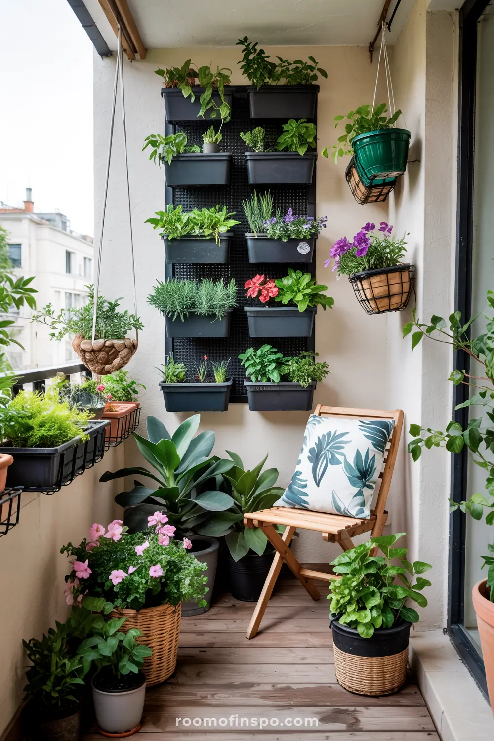 A compact balcony featuring a vertical garden with multiple planters of greenery, wooden flooring, a decorative cushion chair, and various potted plants including vibrant pink flowers.