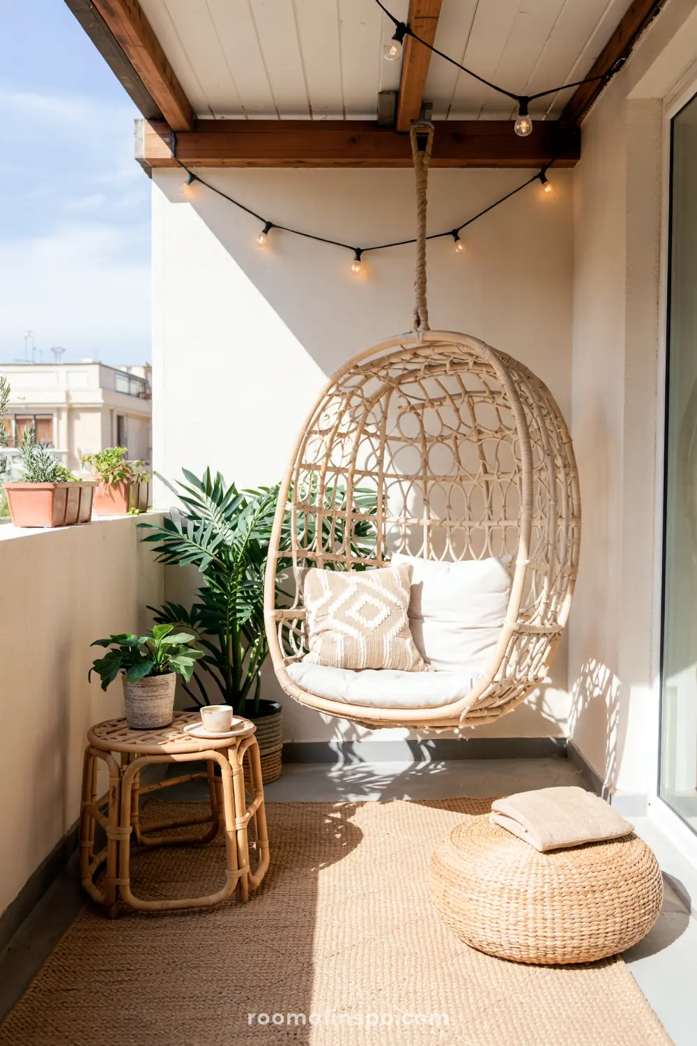 A small balcony with a hanging egg chair featuring white cushions and a geometric pillow, surrounded by potted plants, a woven rug, string lights, and a compact table with additional greenery.