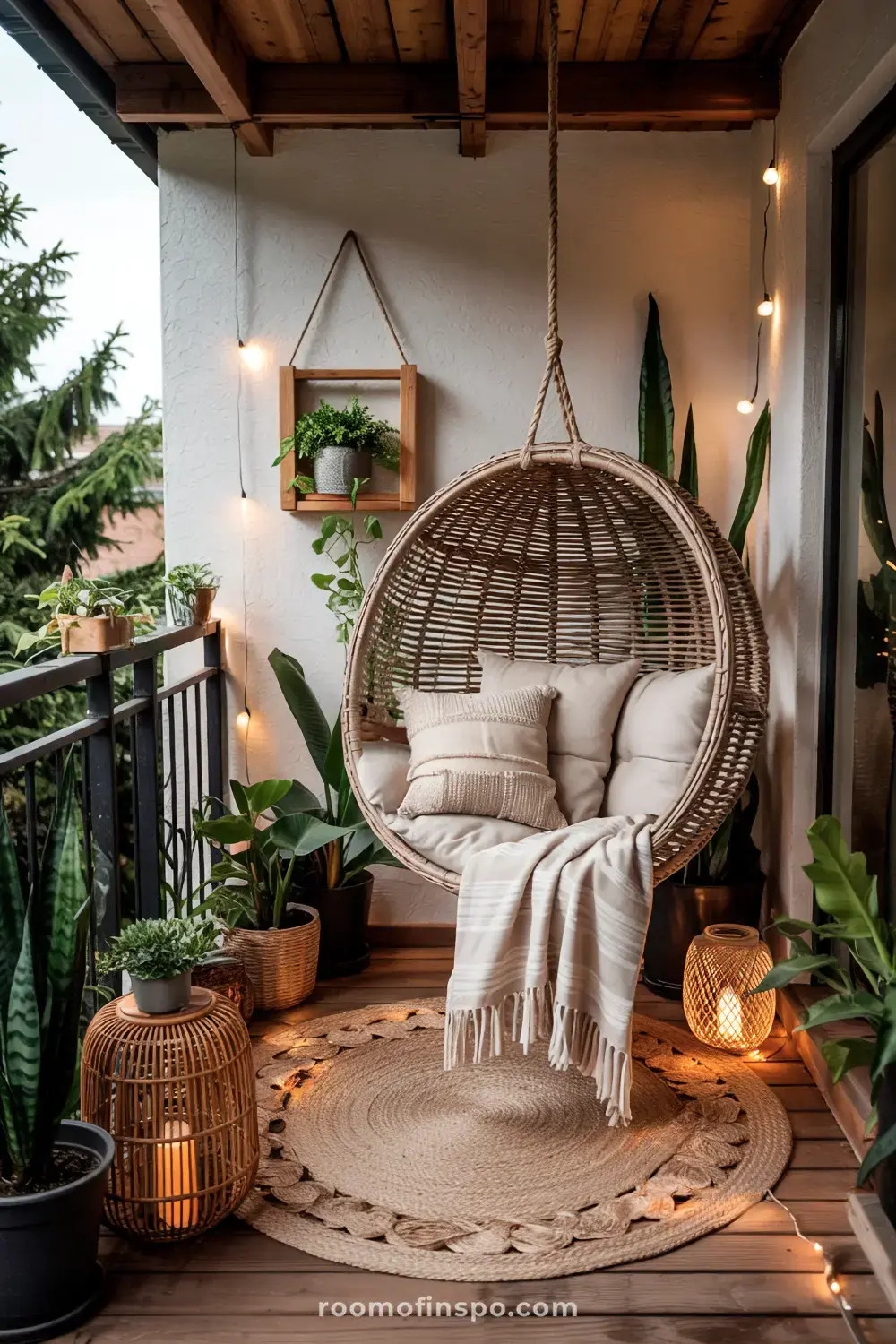 A small balcony featuring a hanging wicker chair with cozy cushions and a blanket, surrounded by potted plants on the floor and a shelf, with string lights creating a warm atmosphere.