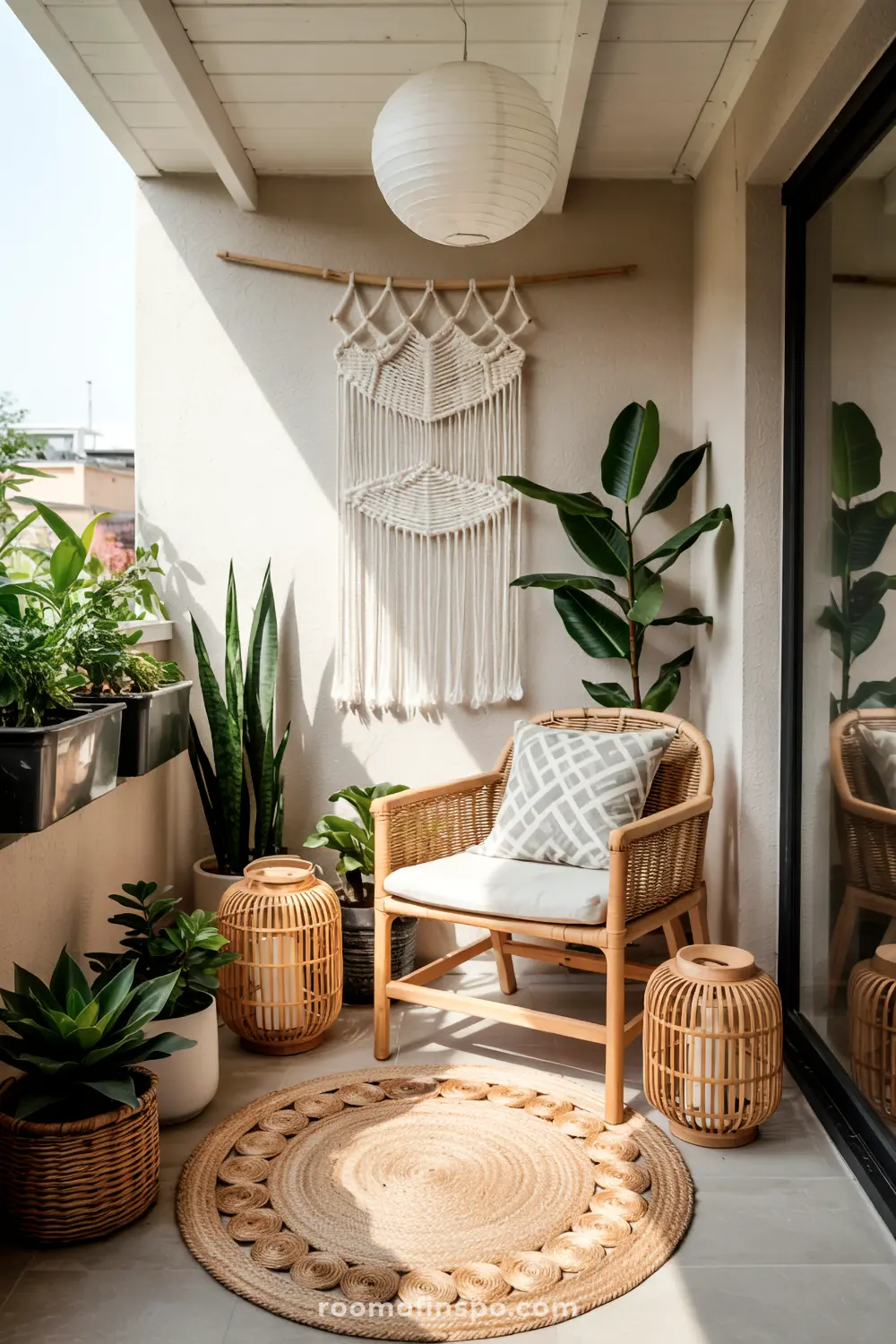 A compact balcony with a wicker chair featuring a white cushion and a patterned pillow, a woven rug, several potted plants including tall and leafy greenery, and a hanging paper lantern for decoration.