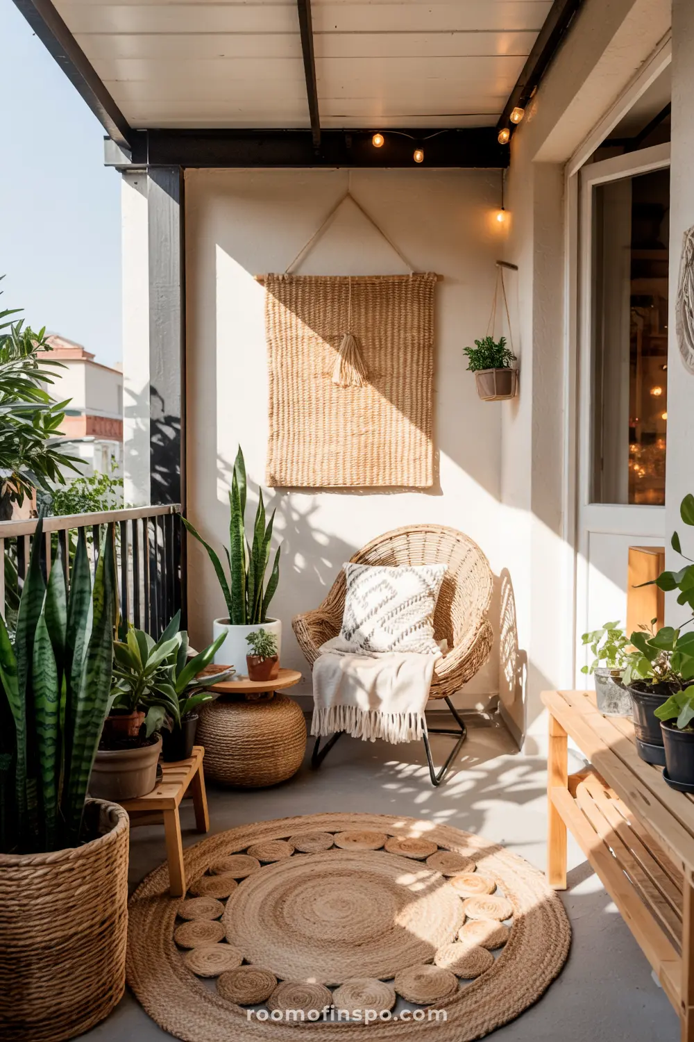 A compact balcony decorated with string lights, a wicker chair with a light-colored cushion and blanket, surrounded by potted plants on the floor and a wooden stool, with a woven rug on the ground.