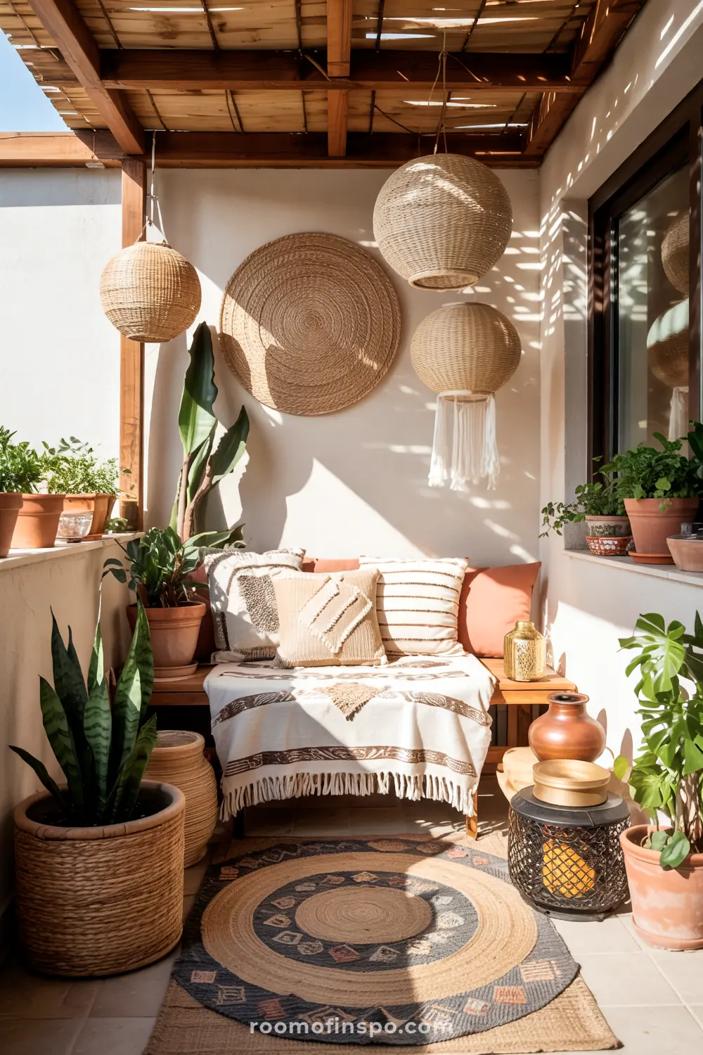 A small balcony with a wooden bench adorned with cozy cushions and a throw blanket, surrounded by potted plants, hanging woven decorations, and a compact table with decorative items.