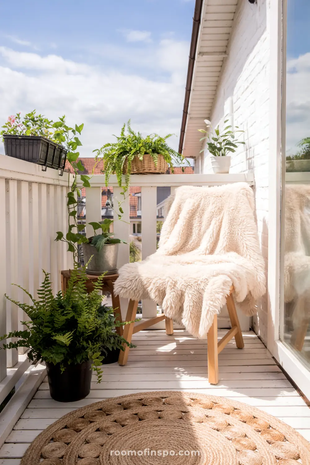 A small balcony with a wooden chair draped in a fluffy white throw, surrounded by potted plants including ferns and other greenery, a compact table, a round woven rug, and a view of rooftops and a bright sky with clouds.