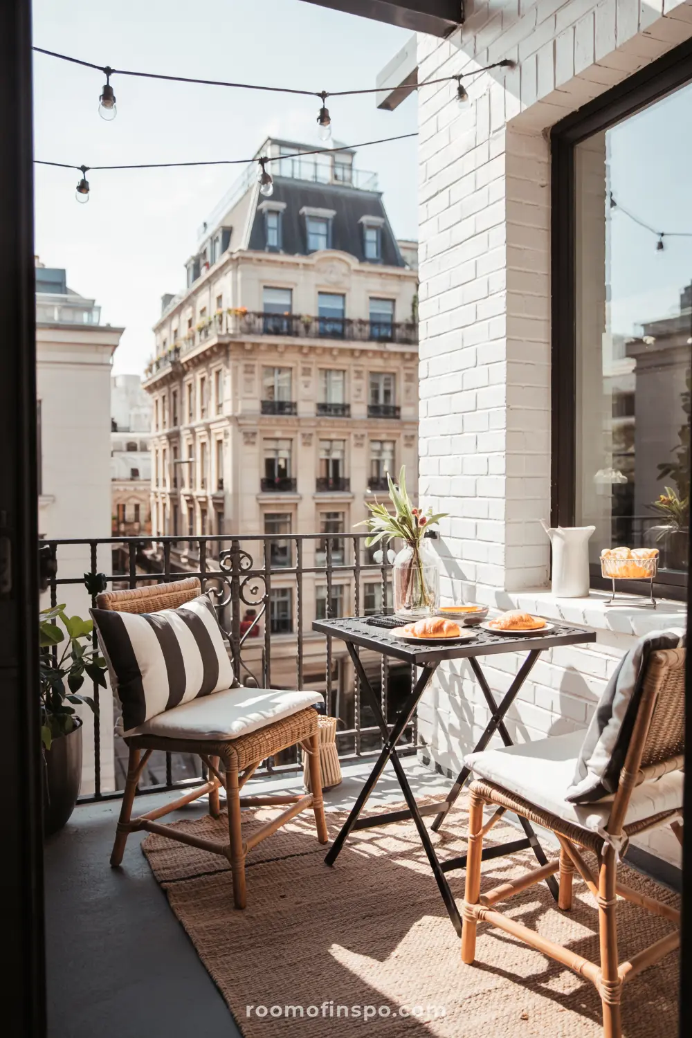 A compact balcony featuring two wicker chairs with white cushions and striped pillows, a small black folding table holding a glass vase with flowers, surrounded by string lights and an urban cityscape in the background.