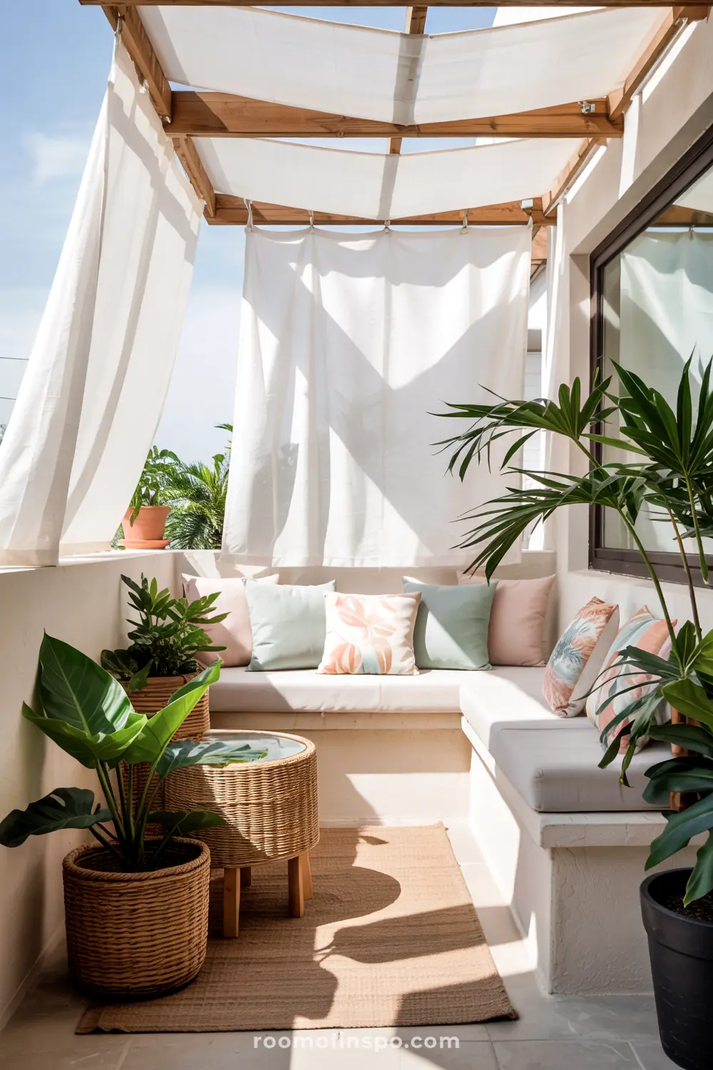 A small balcony with a built-in bench featuring white cushions and pastel-colored pillows, surrounded by hanging white curtains, potted plants in woven baskets, a round wicker table, and a beige rug enhancing the cozy ambiance.