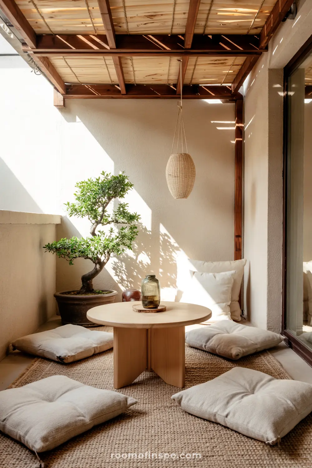 A small balcony with a low round wooden table surrounded by white floor cushions, a woven rug underneath, a bonsai tree in a pot on the side, and a hanging wicker lamp above, creating a minimalist and serene ambiance.