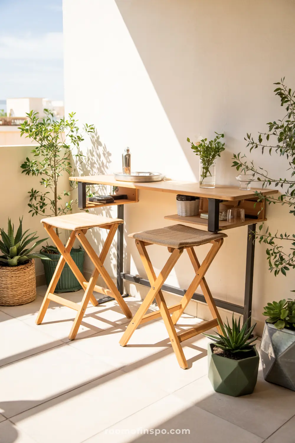 A compact balcony with a wooden table attached to the wall, two wooden chairs with black metal frames, surrounded by potted plants, including greenery in woven and ceramic pots, and sunlight casting shadows on the floor.