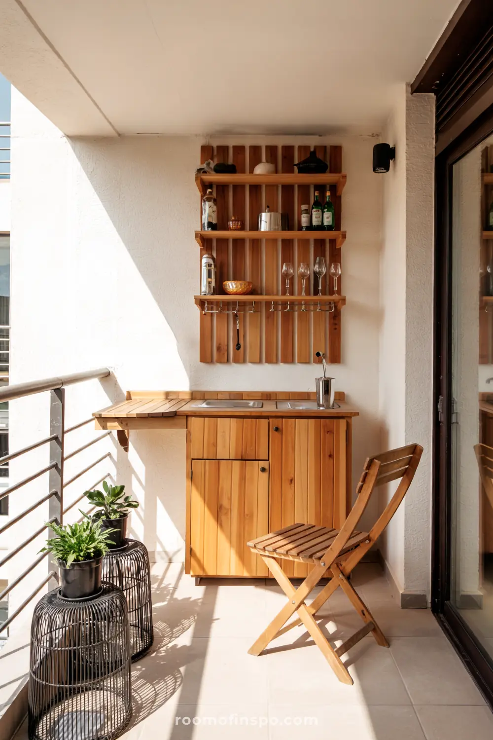 A compact balcony featuring a small wooden kitchenette with a sink, shelves holding decor and supplies, a wooden folding chair, and potted plants, utilizing space efficiently.