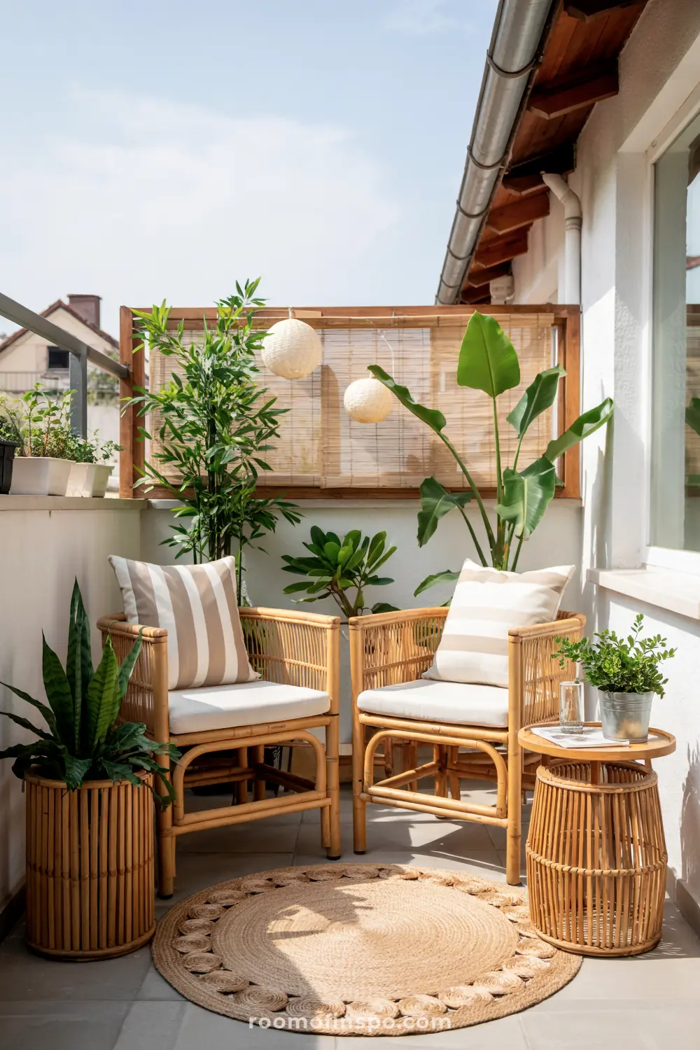 A compact balcony featuring two rattan chairs with white cushions and striped pillows, a rattan side table, potted plants including a snake plant and leafy greenery, a round woven rug, a wooden privacy screen, and hanging lanterns.