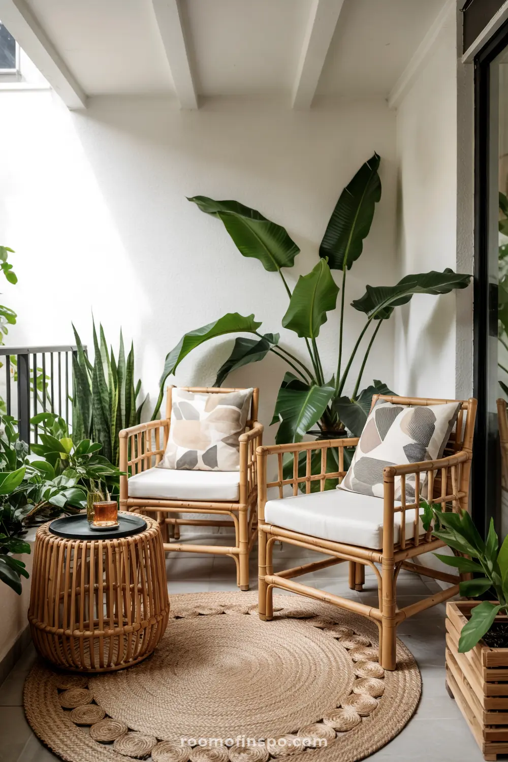 A compact balcony featuring two bamboo chairs with white cushions and pillows, a wicker table with a drink, and lush plants including banana leaves and snake plants.