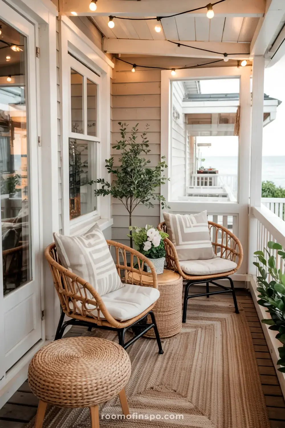 A compact balcony with two bamboo chairs featuring white cushions and abstract patterned pillows, a wicker table holding a drink, and lush greenery including snake plants and a bird of paradise plant in a serene setting.
