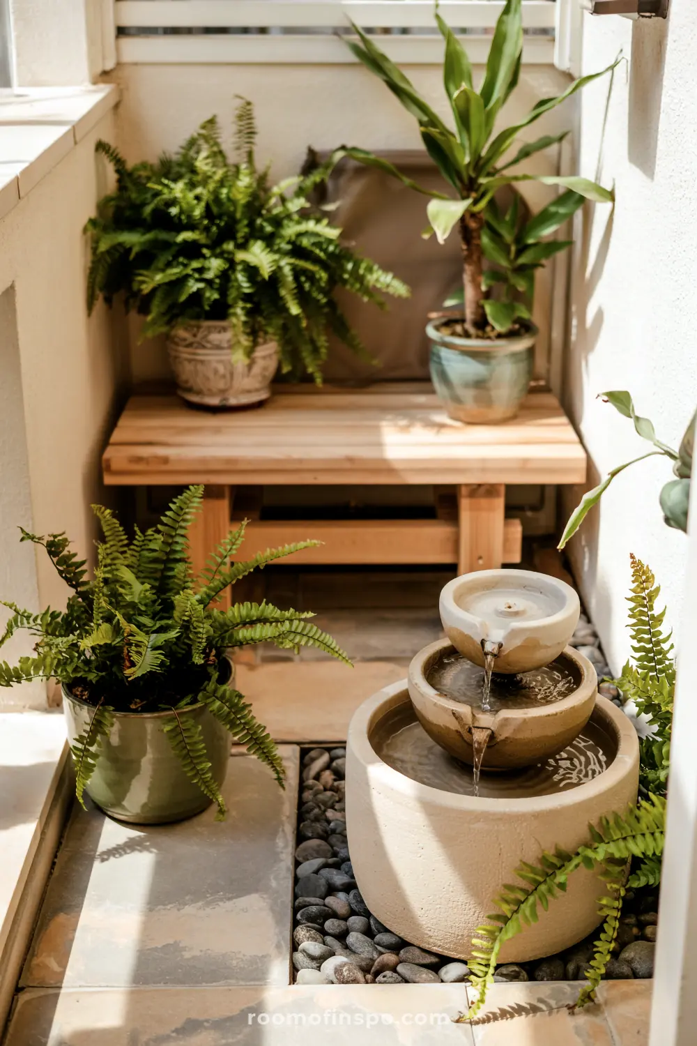 A compact balcony featuring a stone water fountain surrounded by smooth black pebbles, a wooden bench with potted plants including ferns and leafy greenery, creating a peaceful and relaxing corner.