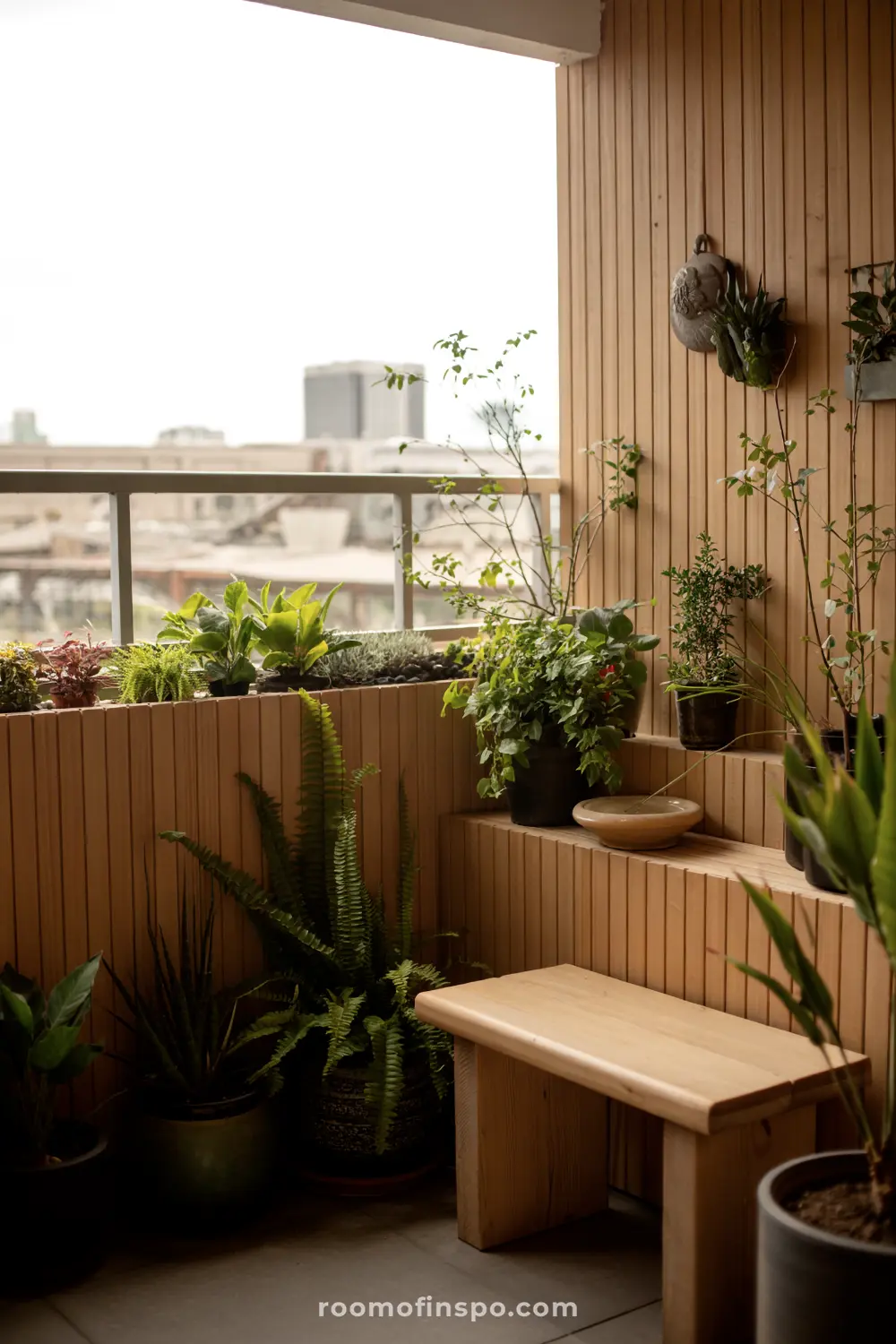 A small balcony garden with wooden shelves holding various potted plants, a wooden bench, a glass railing, and a view of the cityscape in the background.