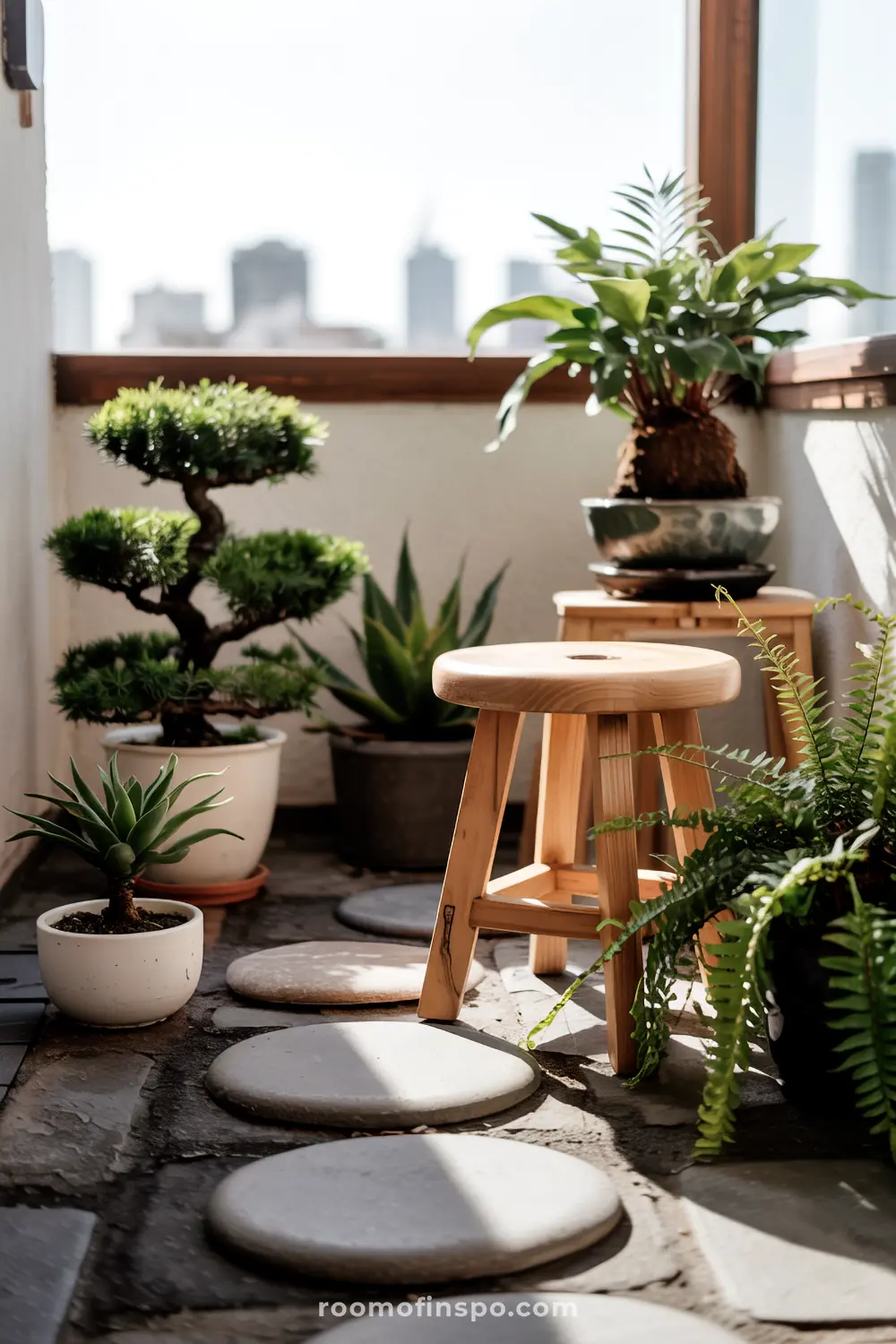 A compact balcony garden featuring various potted plants, a wooden stool, and circular stone stepping stones, all enclosed by glass windows with a cityscape visible in the background.