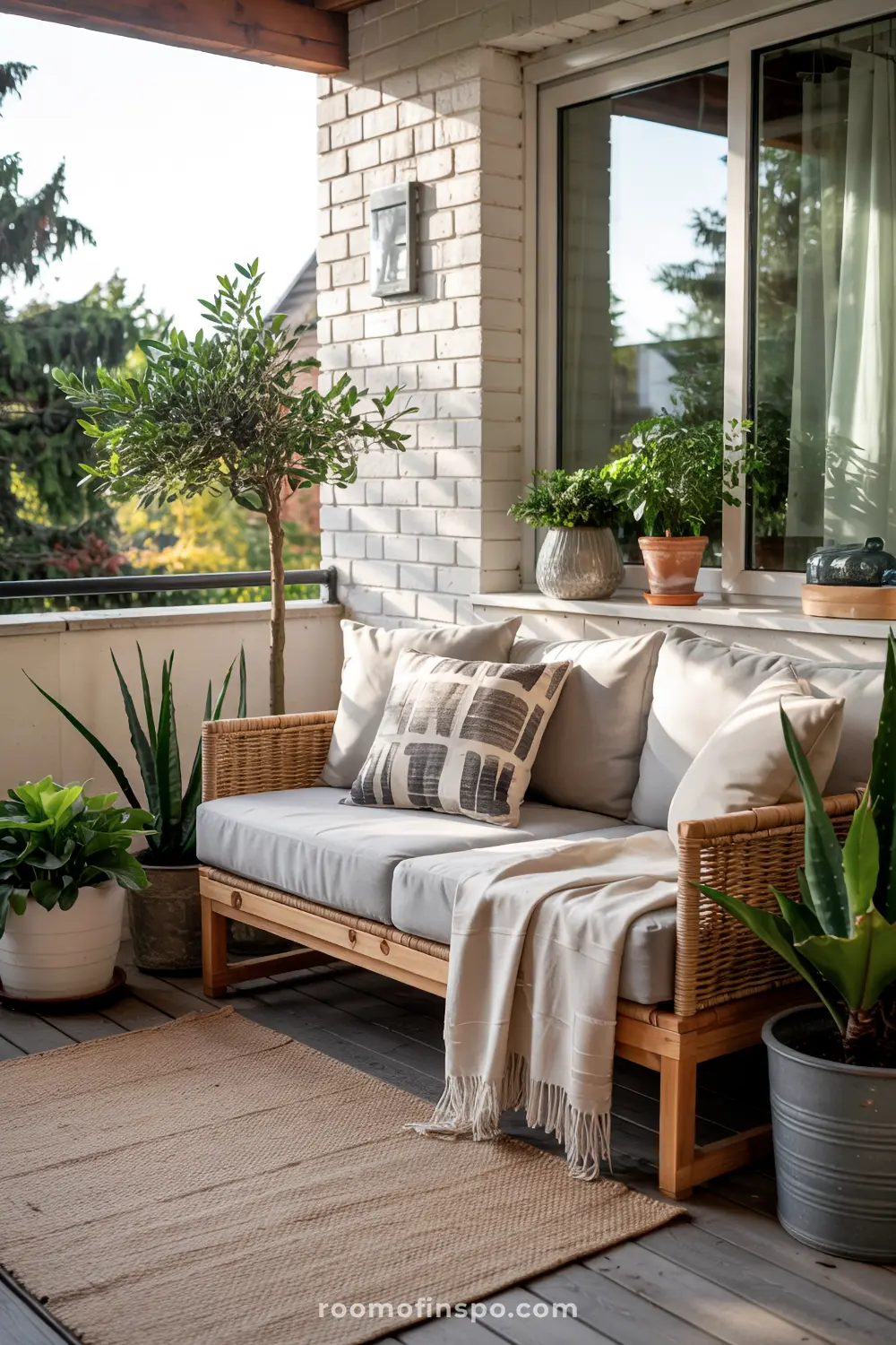 A compact balcony with a wicker sofa featuring gray cushions and a patterned pillow, a light gray blanket, several potted plants including a tree and aloe vera, a woven rug, and a white brick wall with a window.