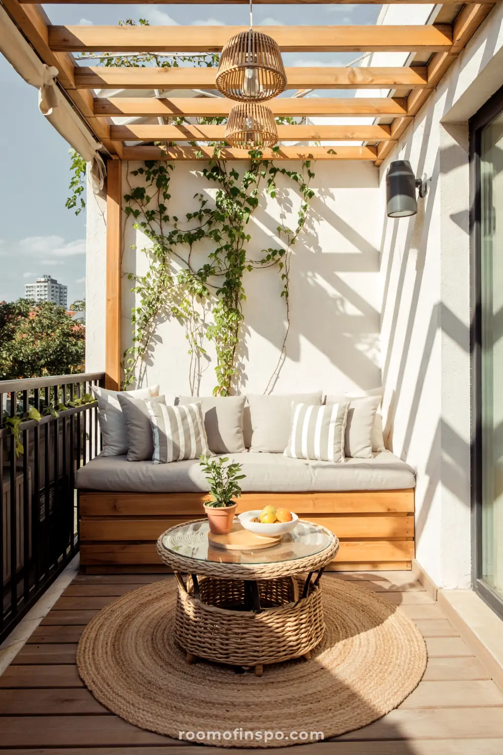 A cozy balcony featuring a wooden pergola with wicker lamps, a cushioned bench with striped pillows, a round wicker table, a woven rug, and climbing plants on the wall.