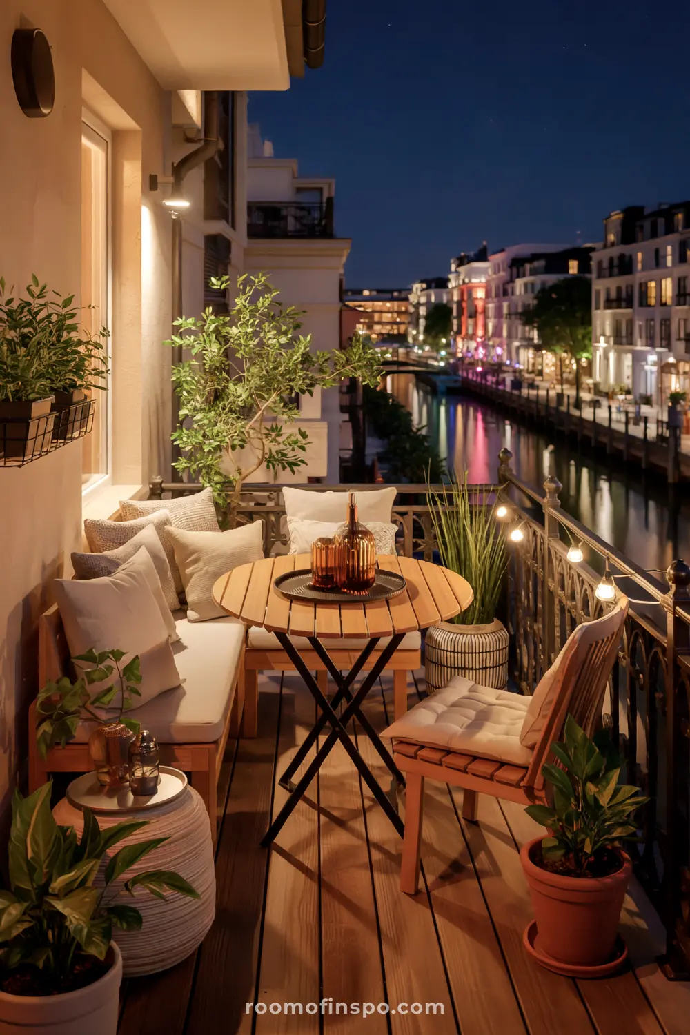 A beautifully lit balcony with a wooden floor, a round wooden table surrounded by cushioned chairs and a bench with pillows, potted plants, string lights on the railing, overlooking a serene canal and illuminated buildings.