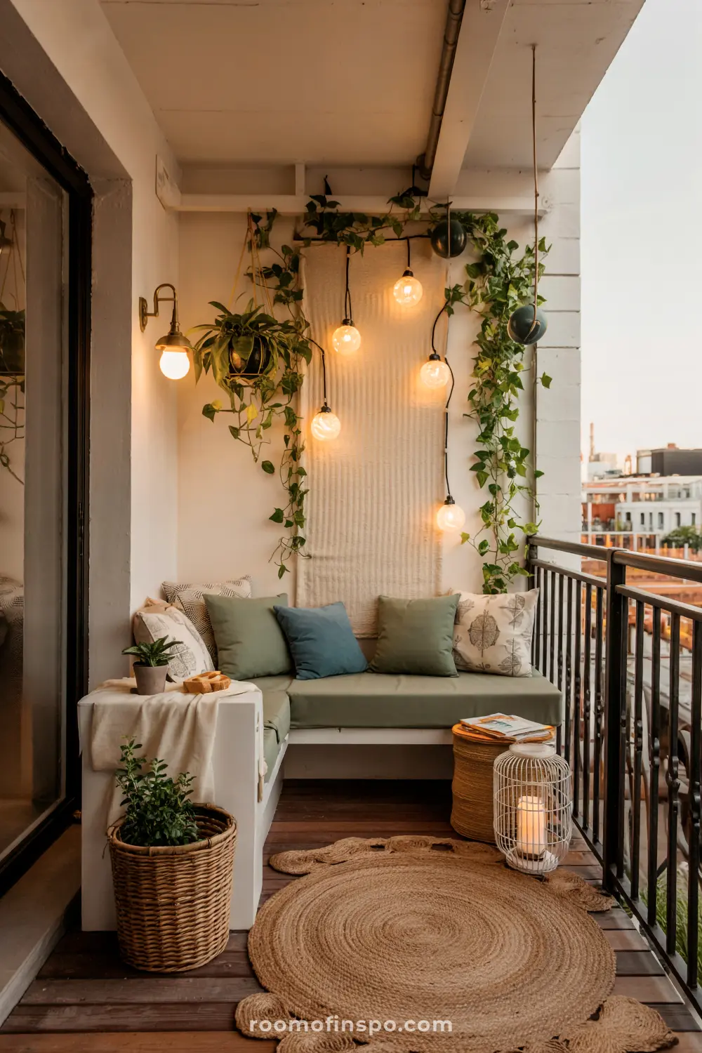 A cozy balcony featuring a cushioned bench adorned with green and blue pillows, hanging light bulbs, a hanging plant, and decorative accents like a woven rug, candle lantern, and potted greenery.