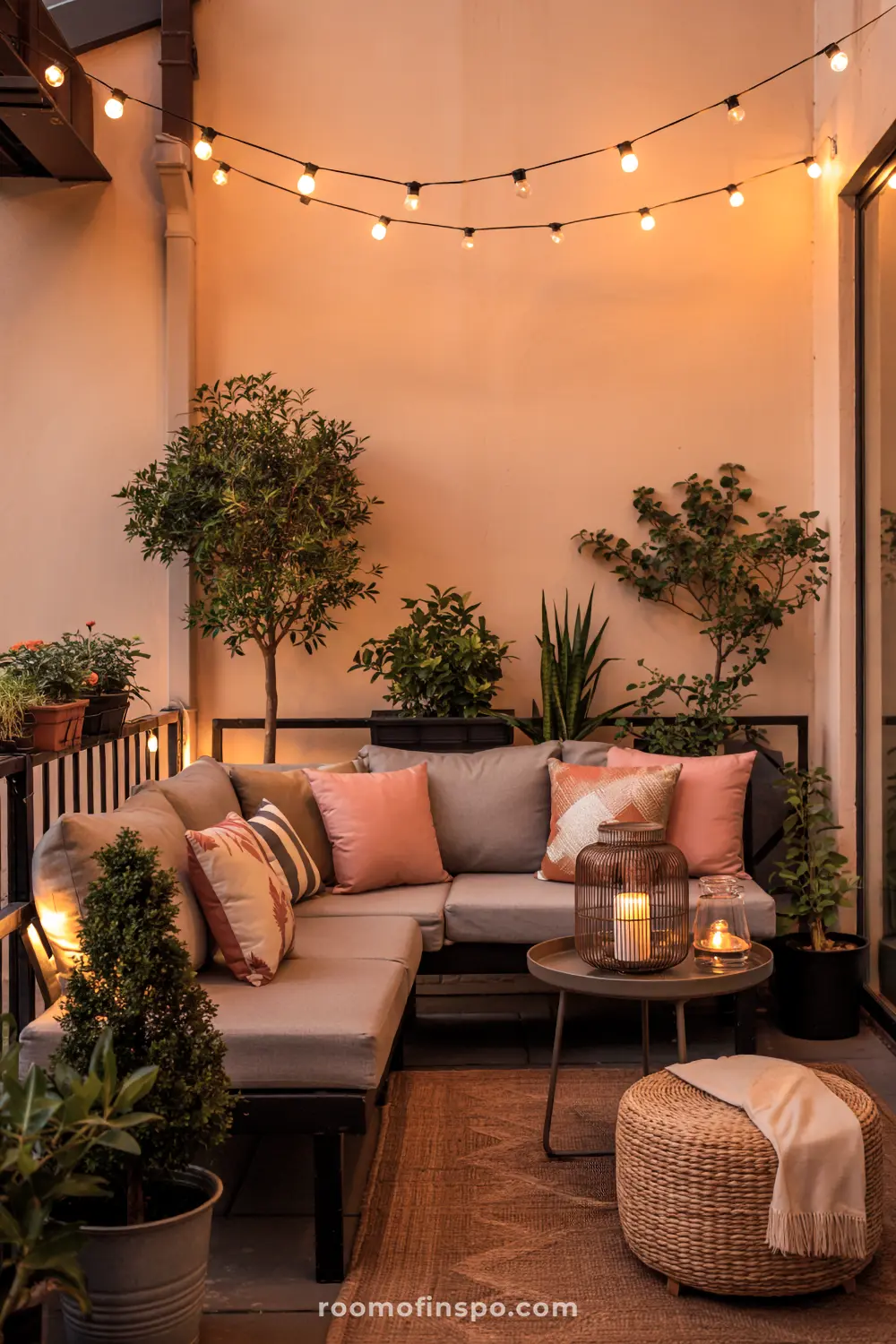 A cozy patio featuring a gray sectional sofa with pink and beige pillows, a round table with candle decor, potted plants, string lights, and a woven ottoman for a serene ambiance.