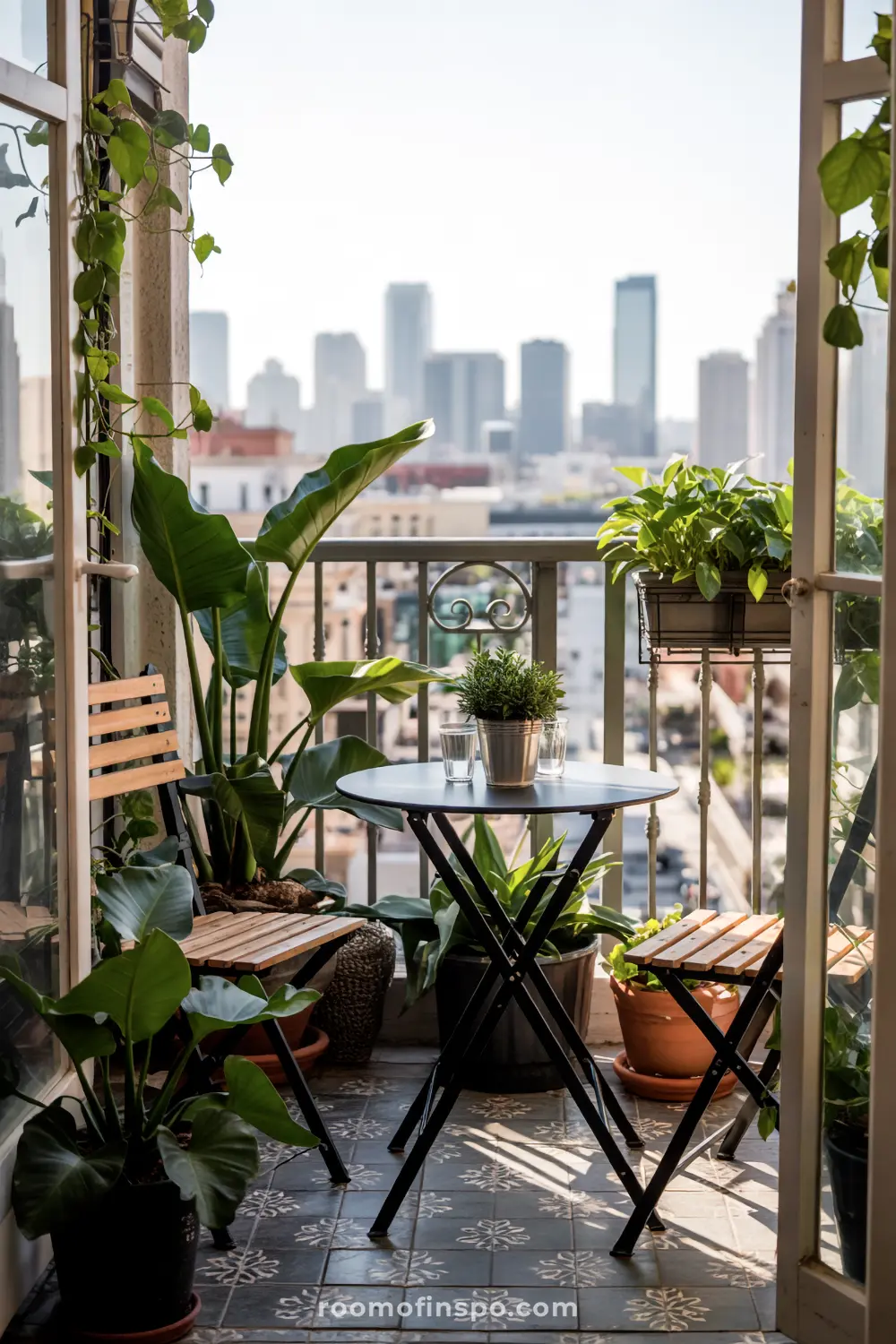 A small balcony with patterned tile flooring, featuring two wooden chairs, a round metal table holding a potted plant and glasses, surrounded by leafy plants and overlooking a city skyline.