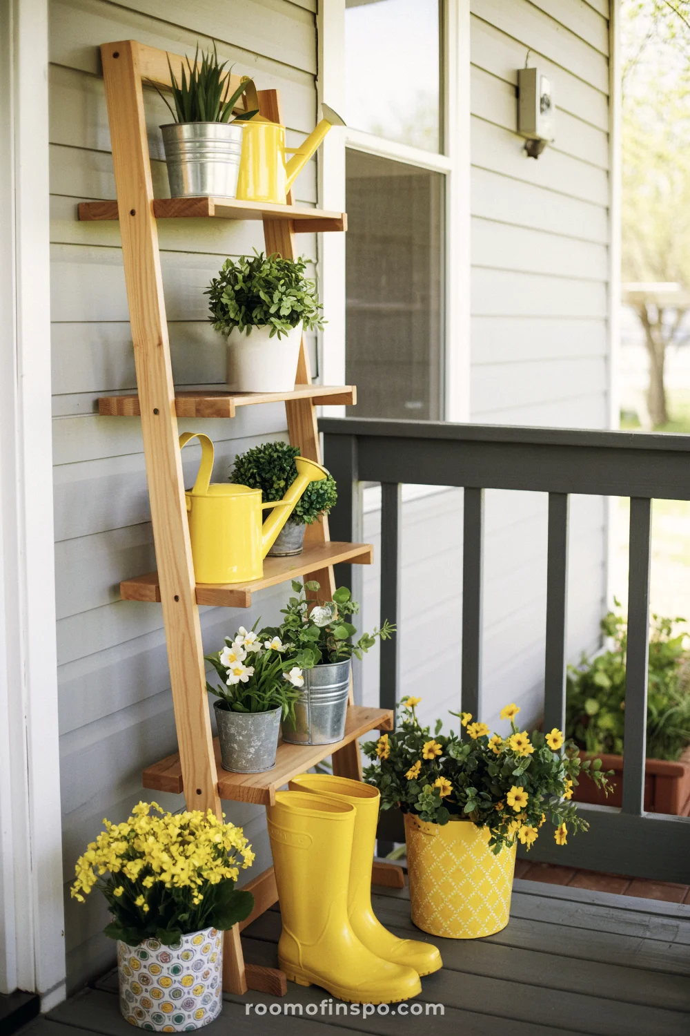 Spring porch corner with plant stand, yellow accents, potted flowers, and white painted wall.