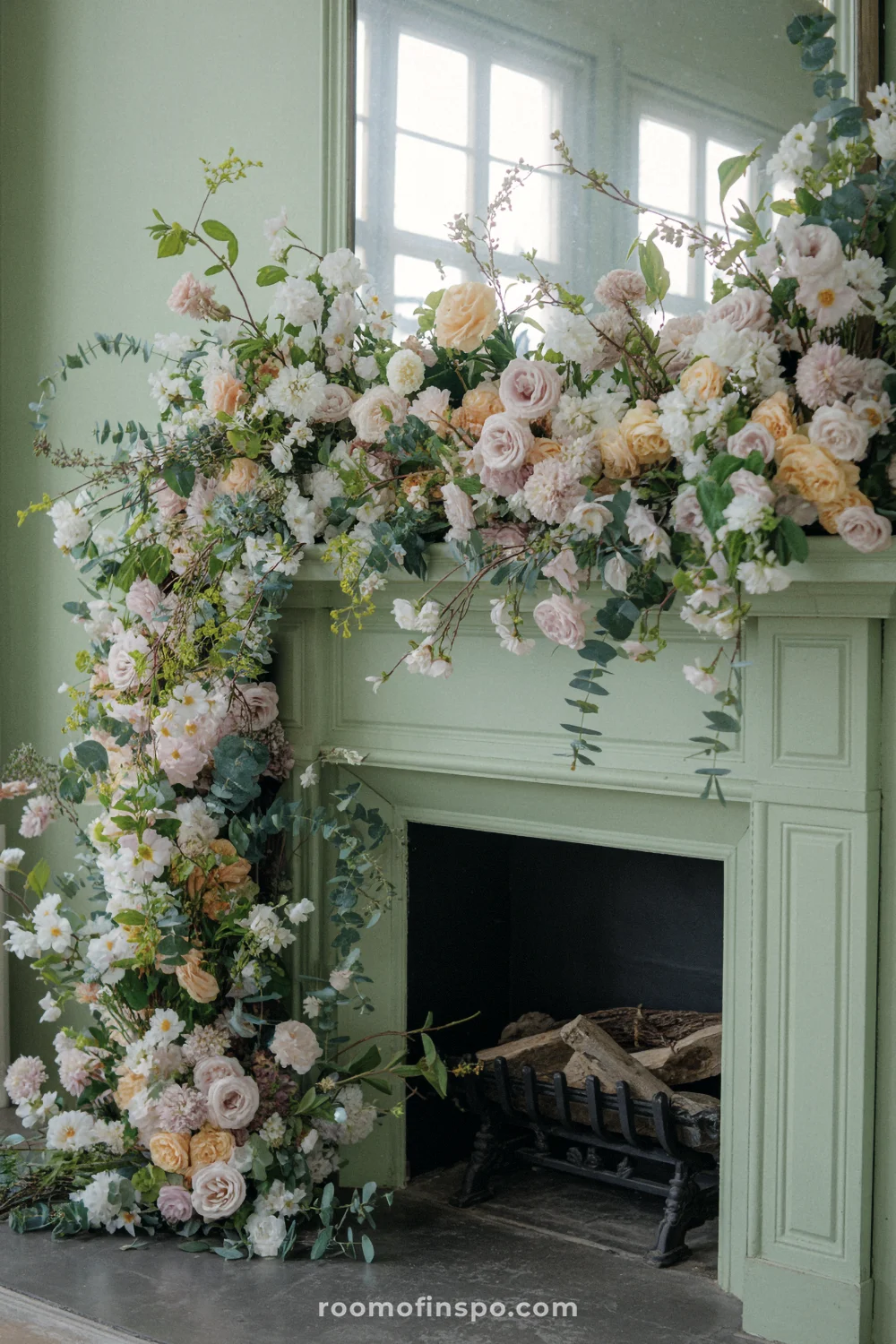 Mint fireplace surround covered in cascading pink and white flowers with trailing greenery over a dark firebox.