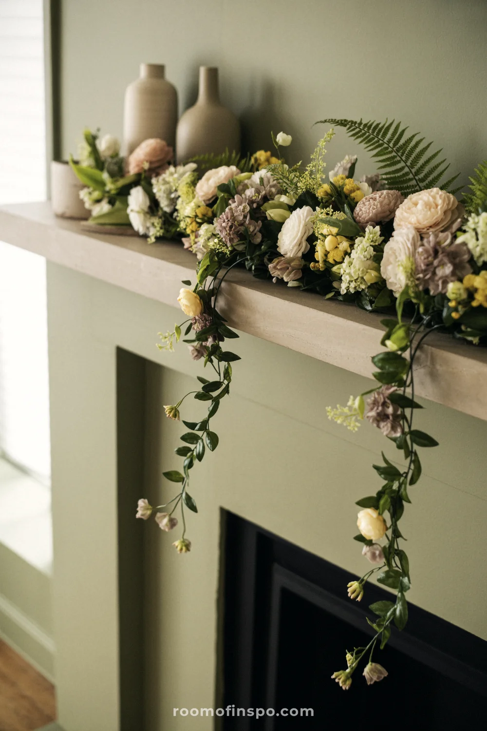 Sage surround mantel with a dense floral garland spilling over the ledge above a black firebox.