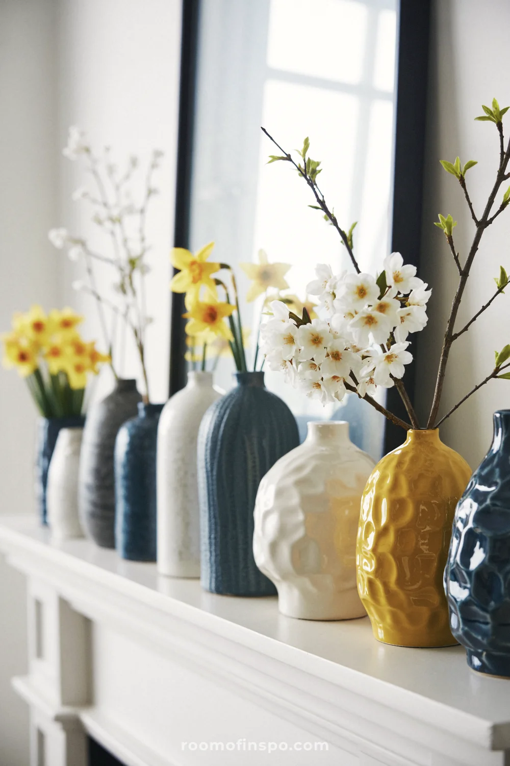 Row of navy, gray, white, and mustard vases with spring flowers lined across a white mantel shelf.