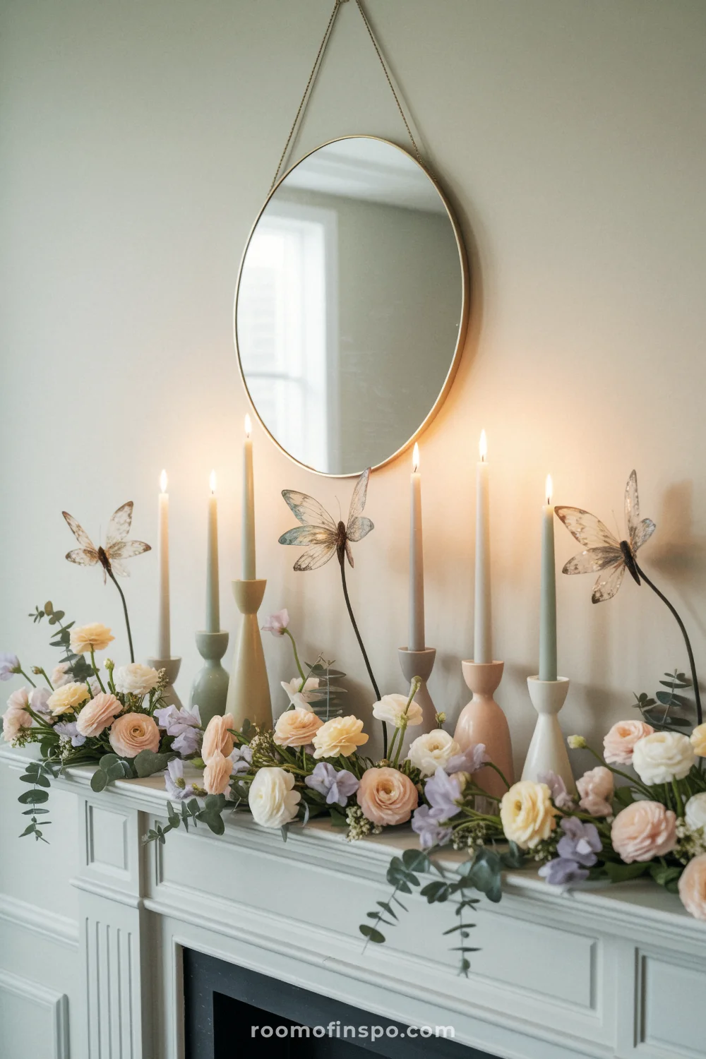 White mantel with pastel flower clusters, slim tapers in mixed ceramic holders, and translucent butterfly ornaments beneath a thin brass oval mirror.