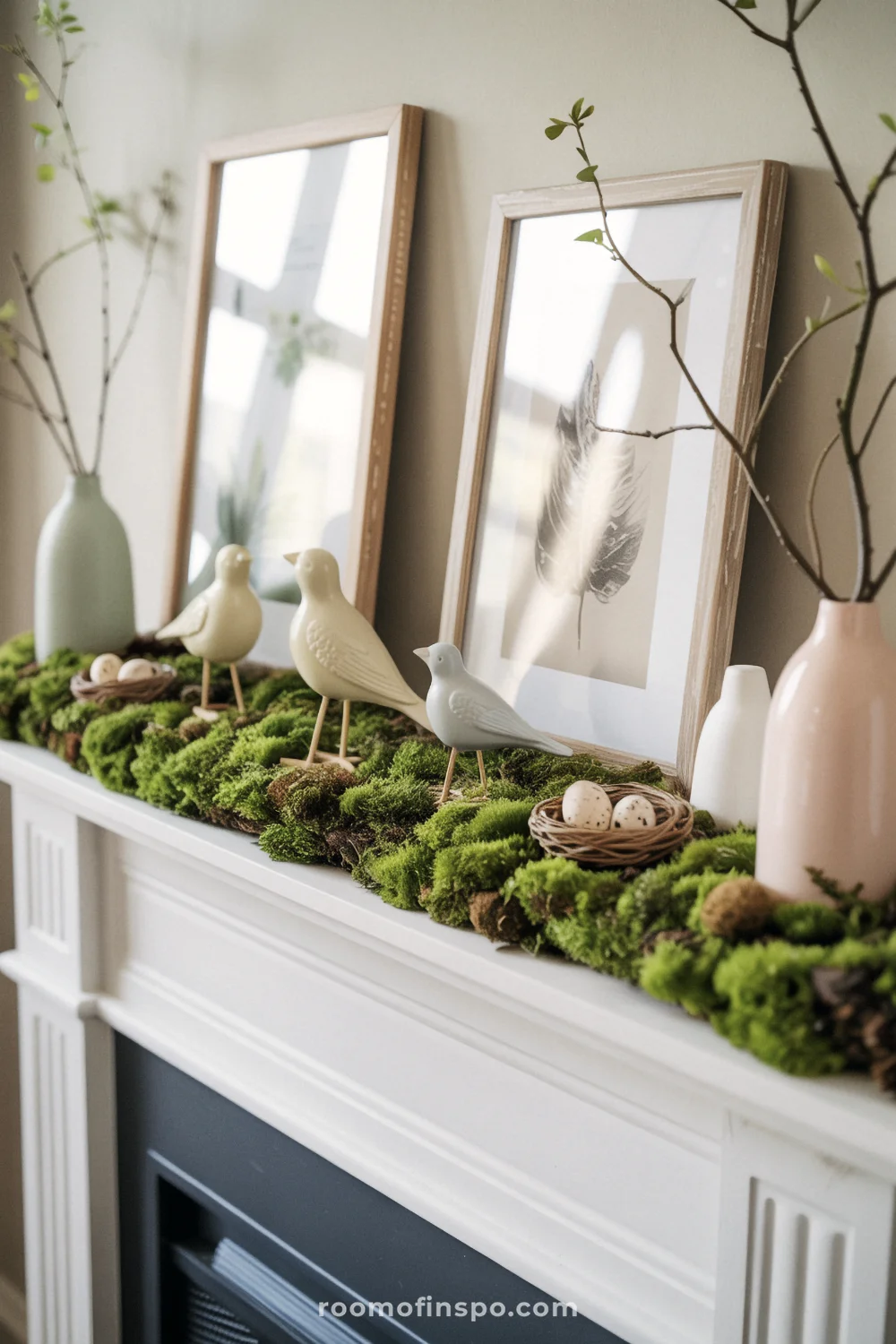 White mantel topped with a faux moss runner, ceramic birds, nests with speckled eggs, and pastel bud vases with framed nature prints.