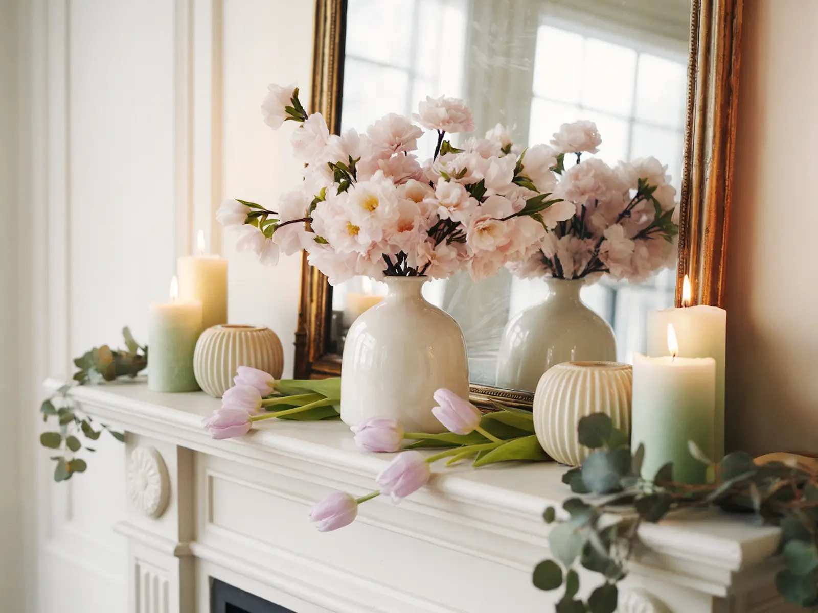 Elegant spring mantel with pastel florals, mint candles, eucalyptus garlands, vintage mirror, and soft natural light.