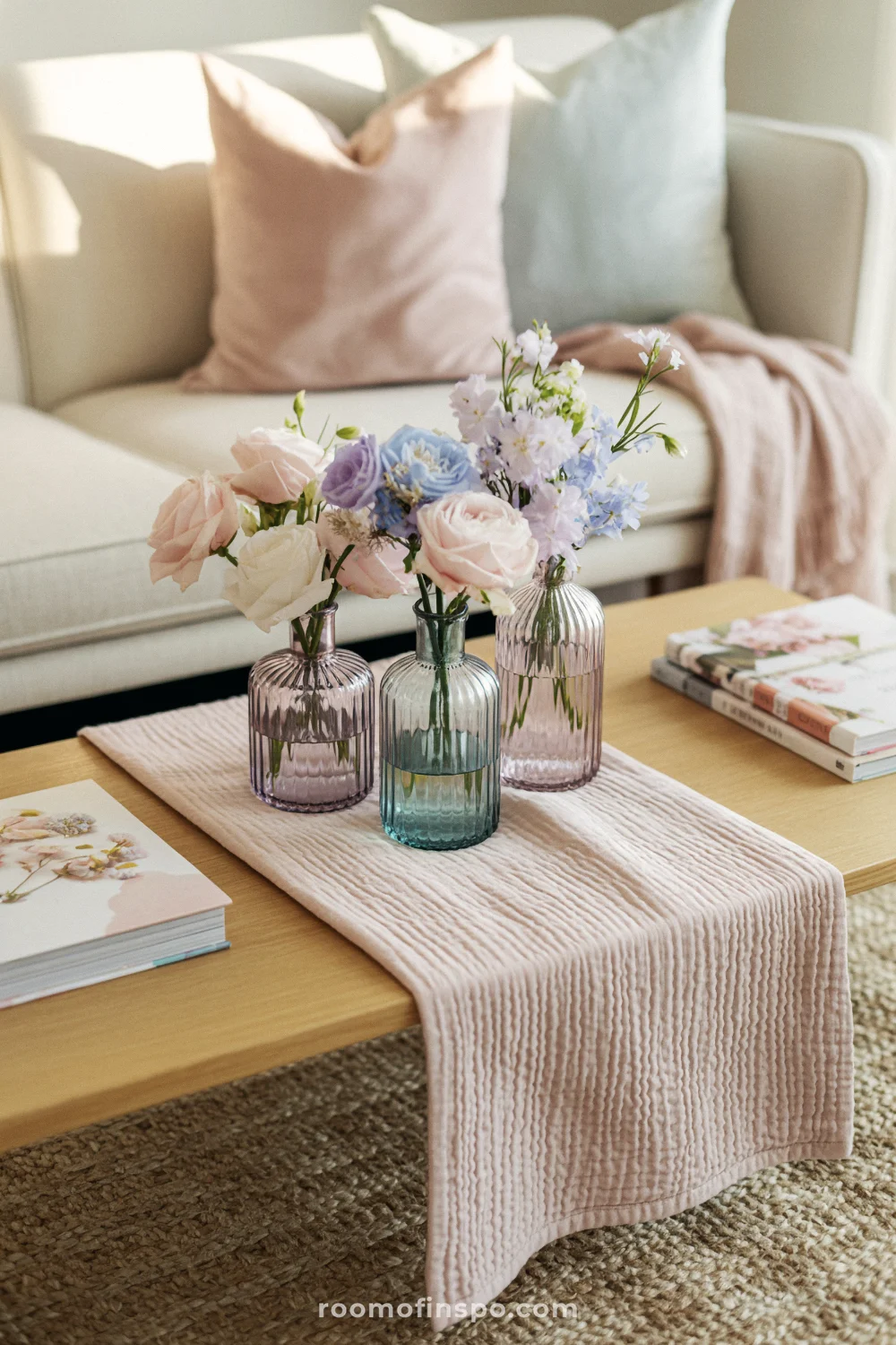 Pastel spring centerpiece with vintage vases and soft blooms on a light oak coffee table in a cozy living room.
