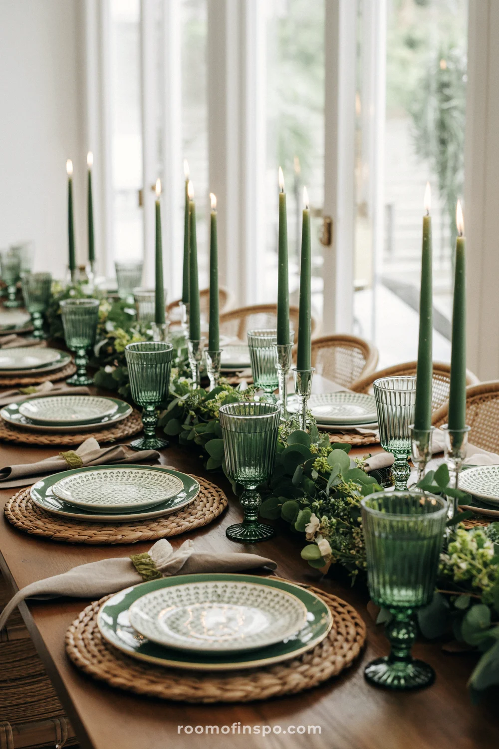 Green-themed table with rattan placemats, patterned plates, green glassware, taper candles, and greenery garland.
