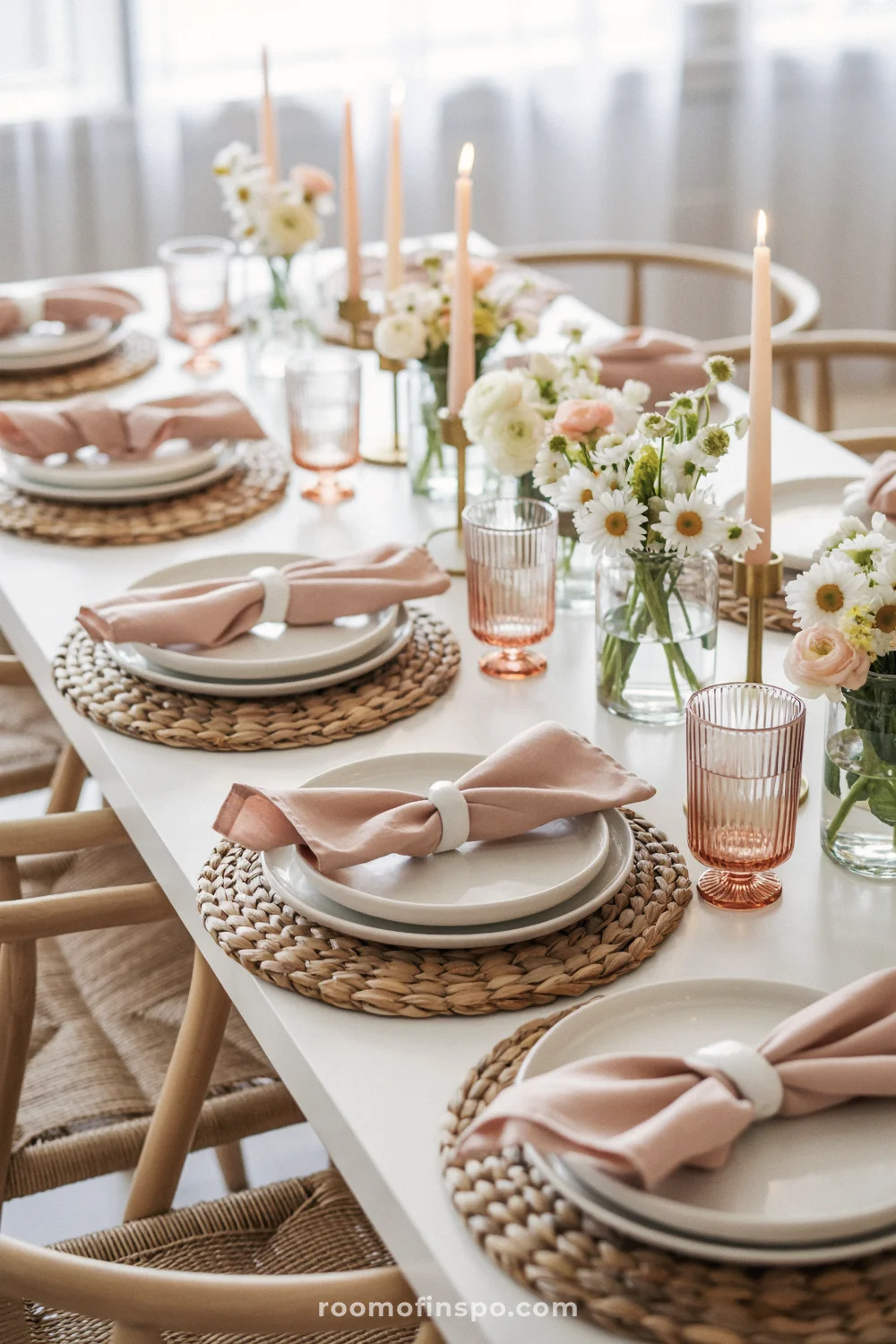 White table with woven placemats, pink napkins, pink glassware, slim candles, and small spring flowers.